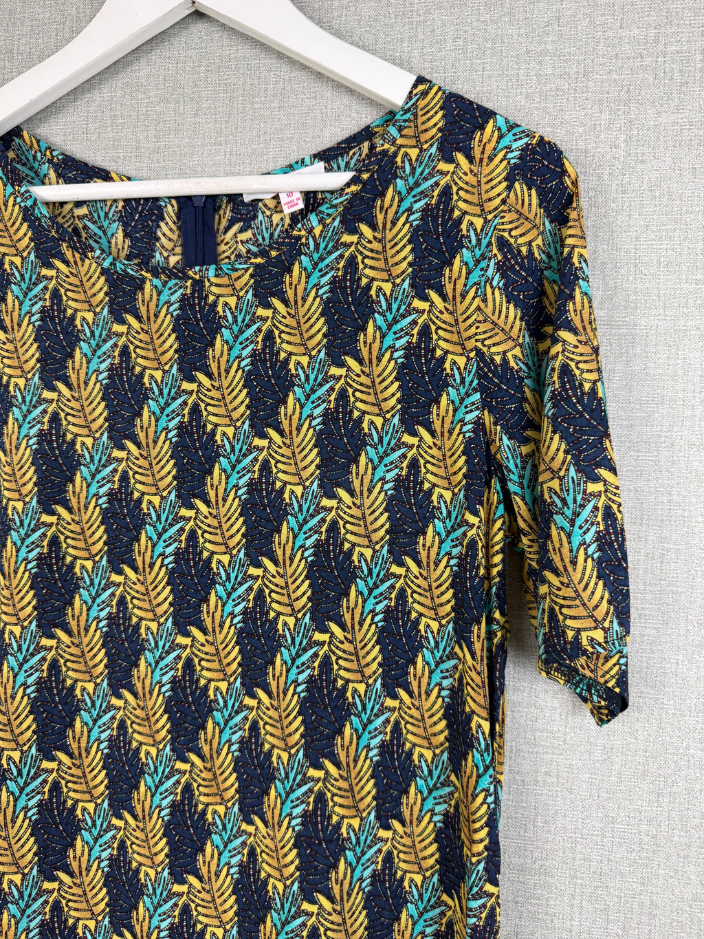SES Fashion Leaf Print Viscose Shift Dress UK 10 Navy Mustard Turquoise