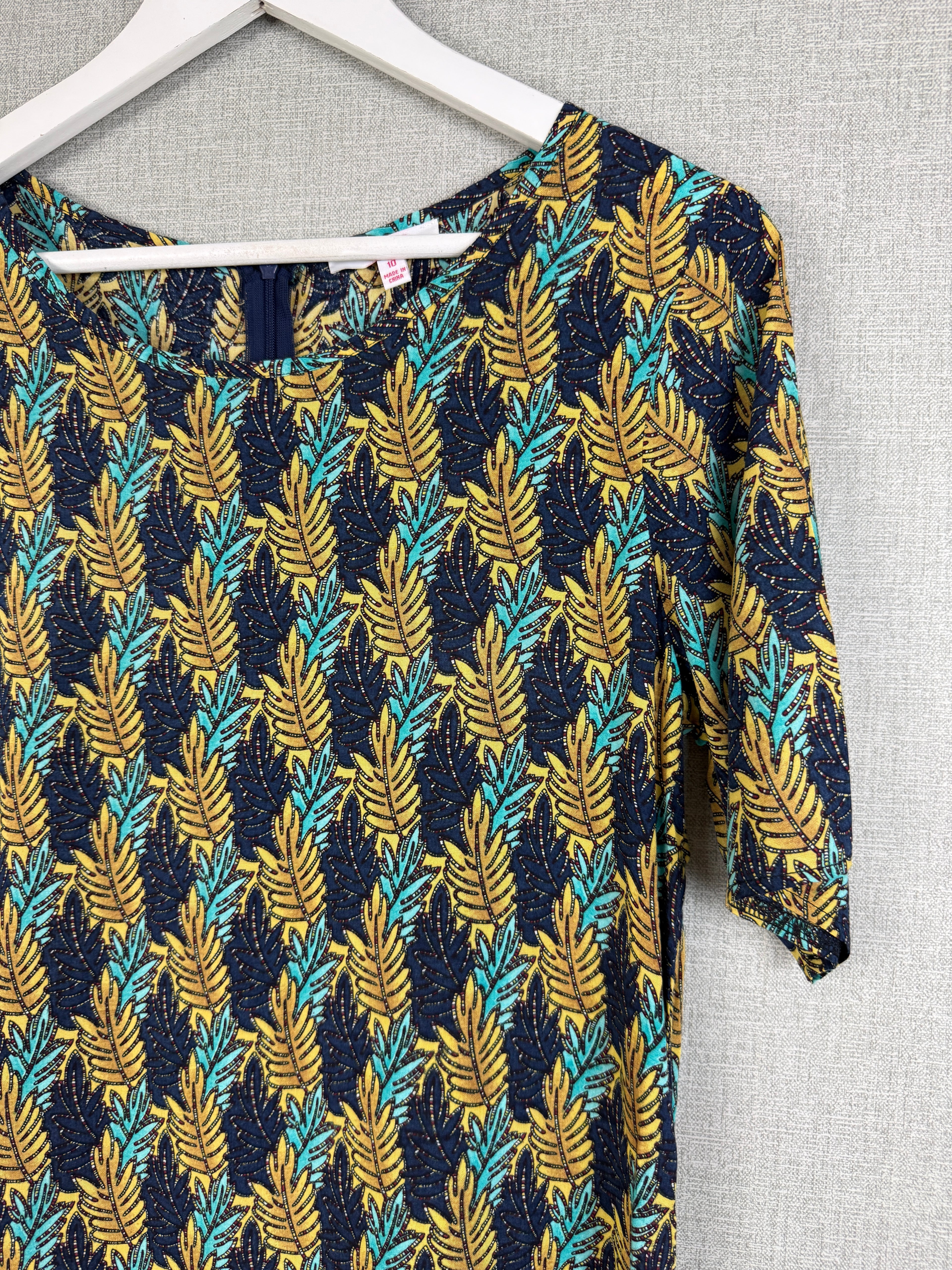 SES Fashion Leaf Print Viscose Shift Dress UK 10 Navy Mustard Turquoise