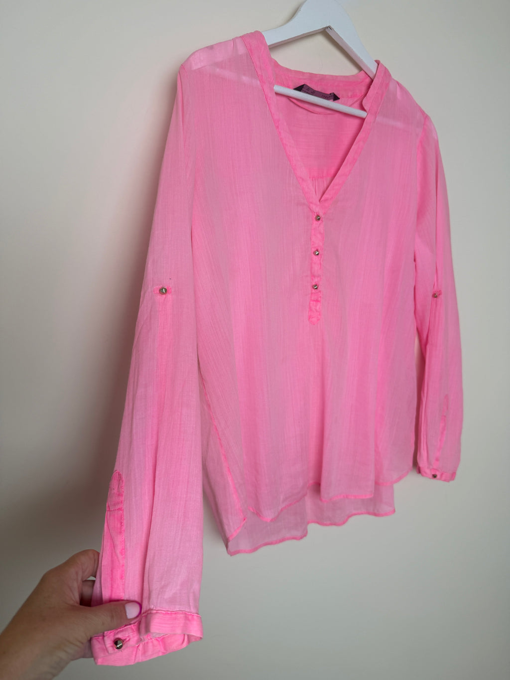 Zara Basic Neon Pink Sheer Cotton Ramie V Neck Blouse XL