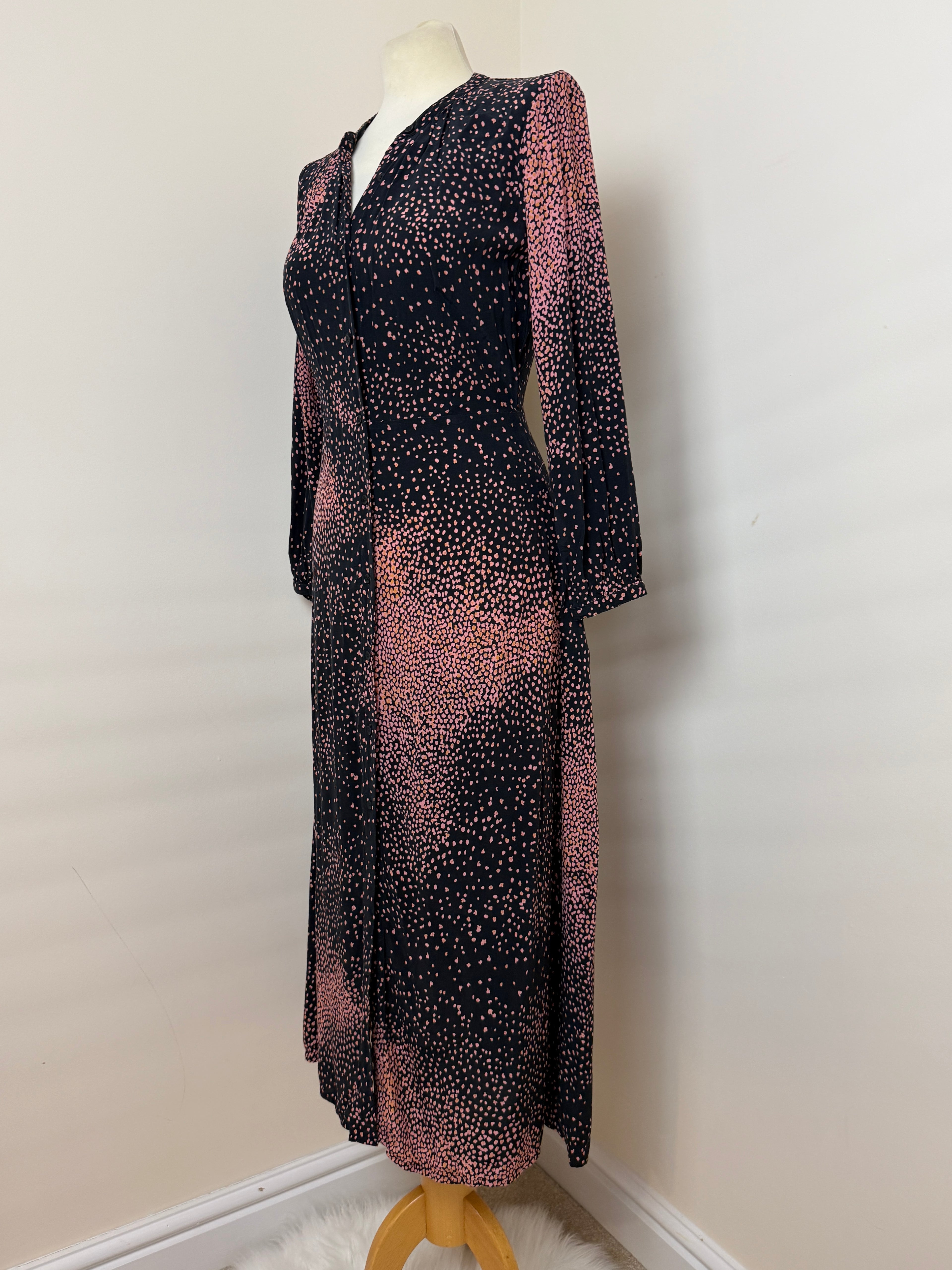 Whistles Black Pink Abstract Speckled Midi Dress UK6 Long Sleeve Occasion