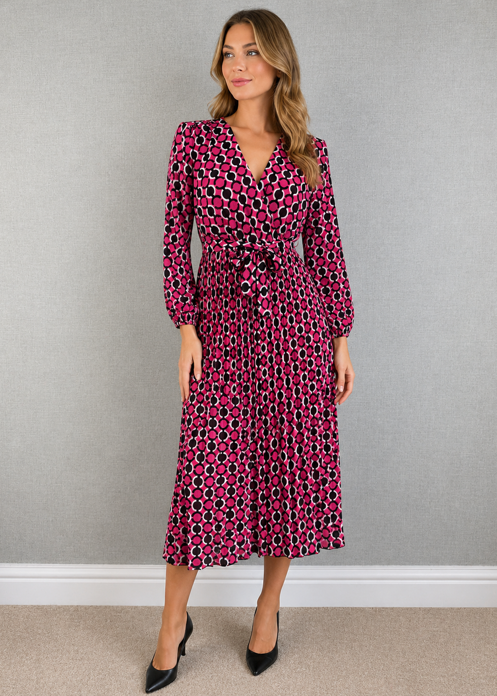 Sugar BaBe Pink Geometric Pleated Midi Dress Made in Italy UK 10 – BNWT