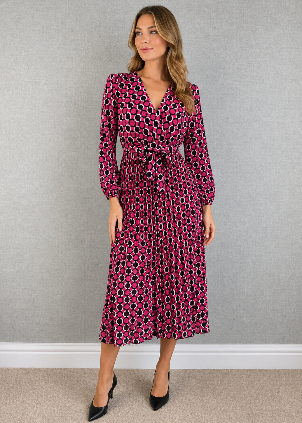 Sugar BaBe Pink Geometric Pleated Midi Dress Made in Italy UK 10 – BNWT