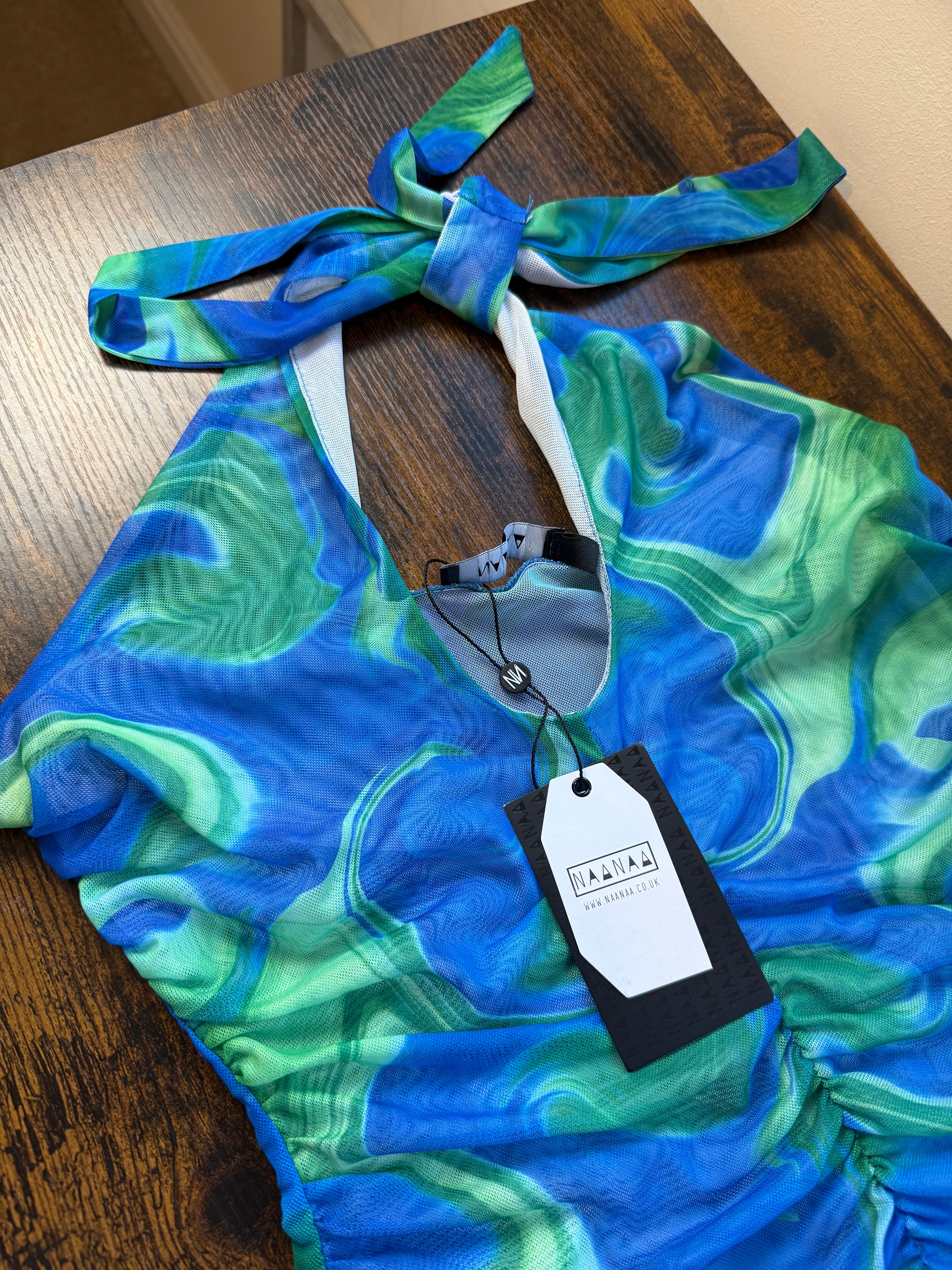 NAANAA Blue Green Marble Print Halterneck Ruched Sheer Mesh Bodysuit UK 10