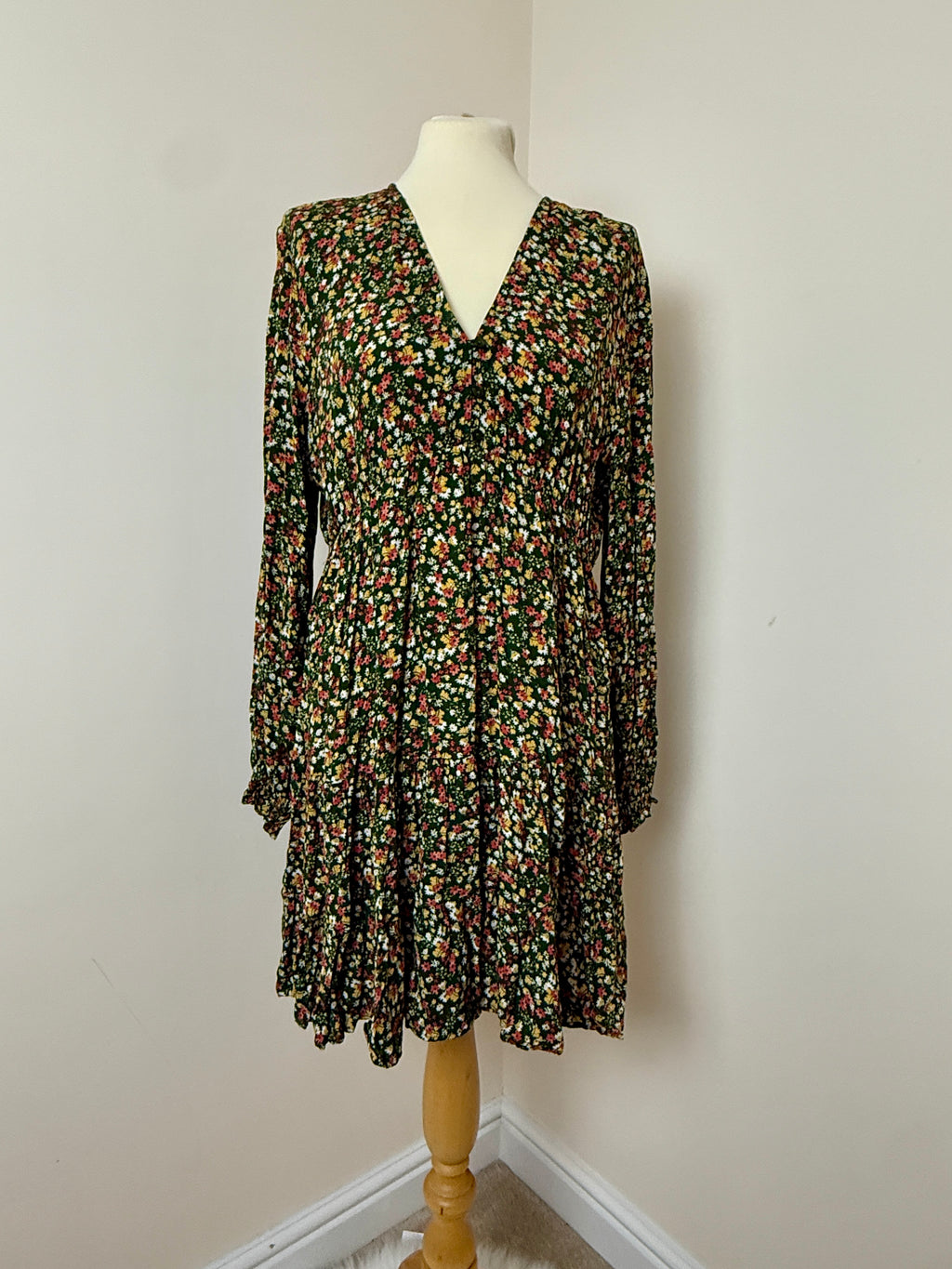 Apricot Green Ditsy Floral Smock Dress UK16 Long Sleeve Boho