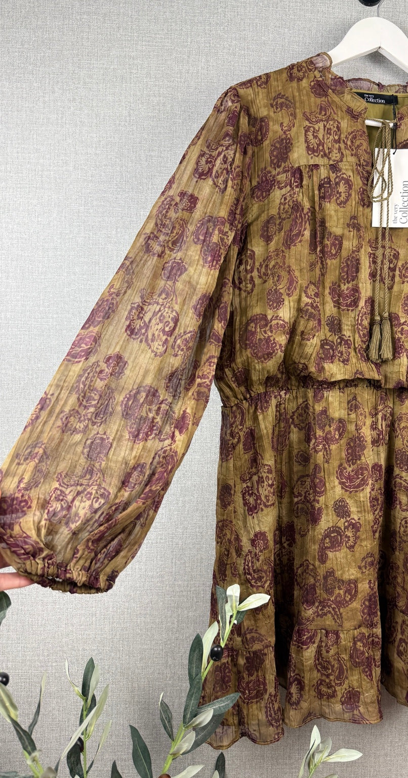 The Very Collection Paisley Tiered Mini Dress – Olive & Burgundy – UK 20 – BNWT