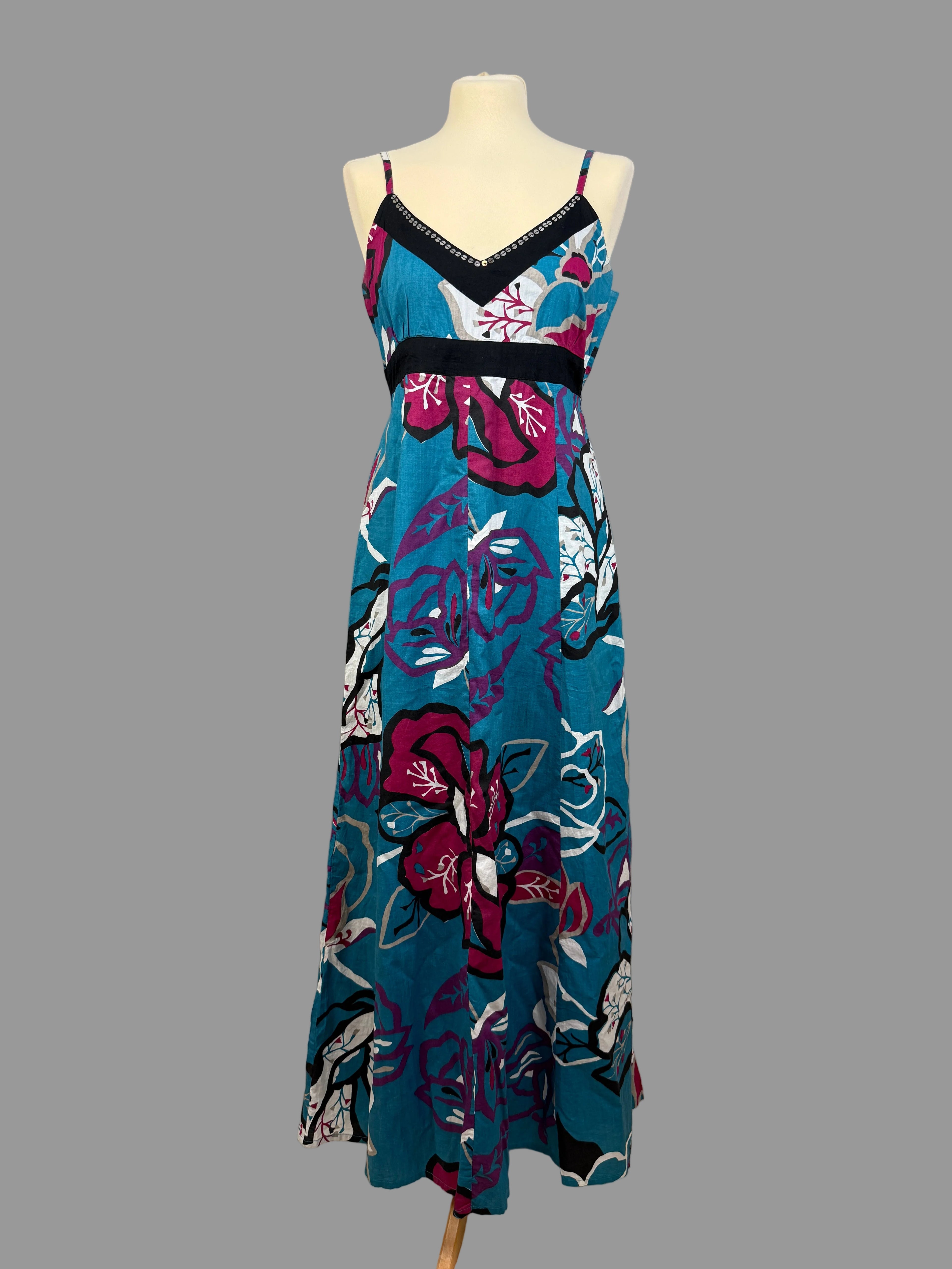 Blue Pink Floral Cotton Maxi Dress UK 12-14 Adjustable Strap Summer Dress