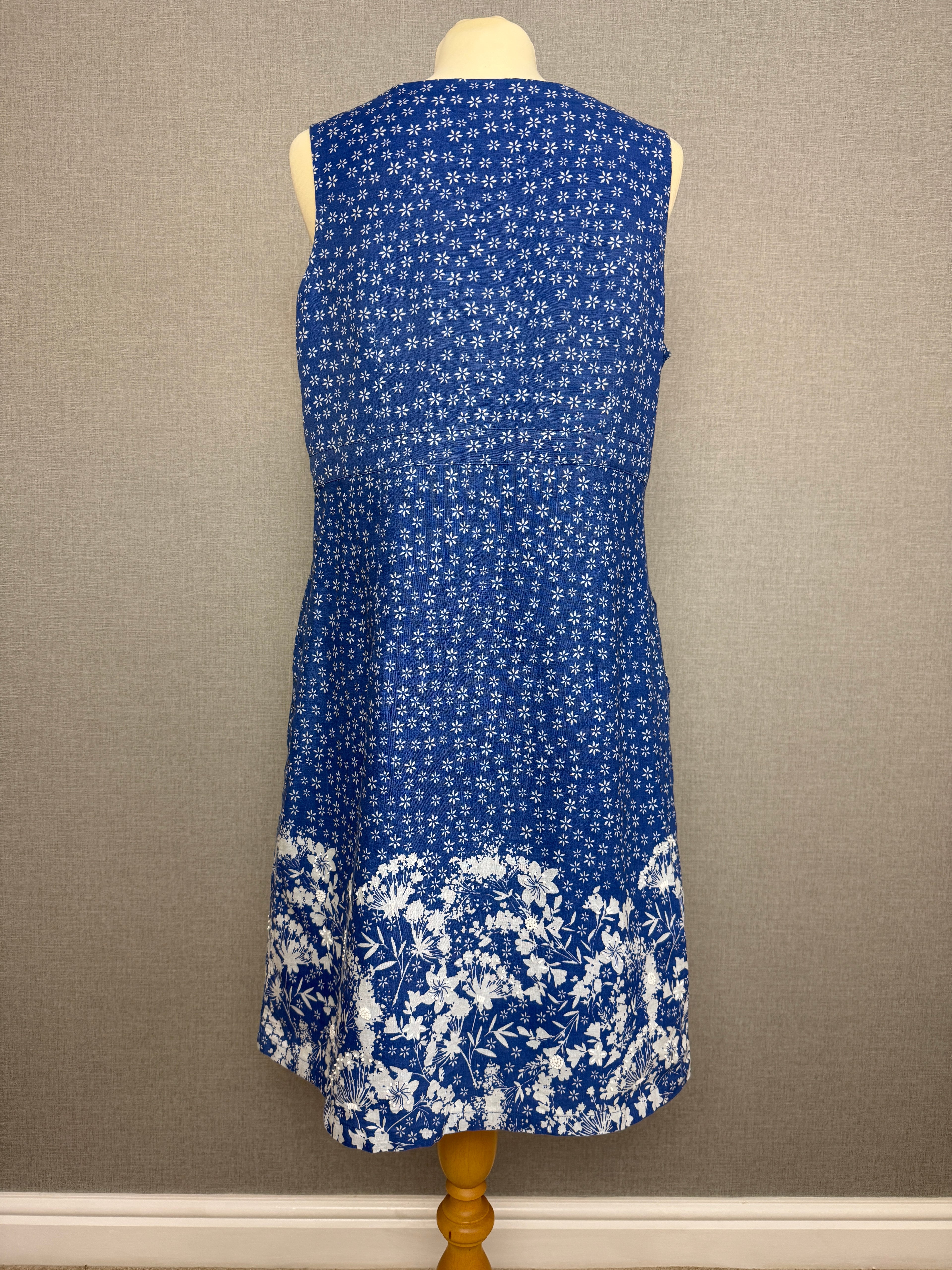 Per Una Blue Floral Linen Blend Sleeveless Summer Dress UK16