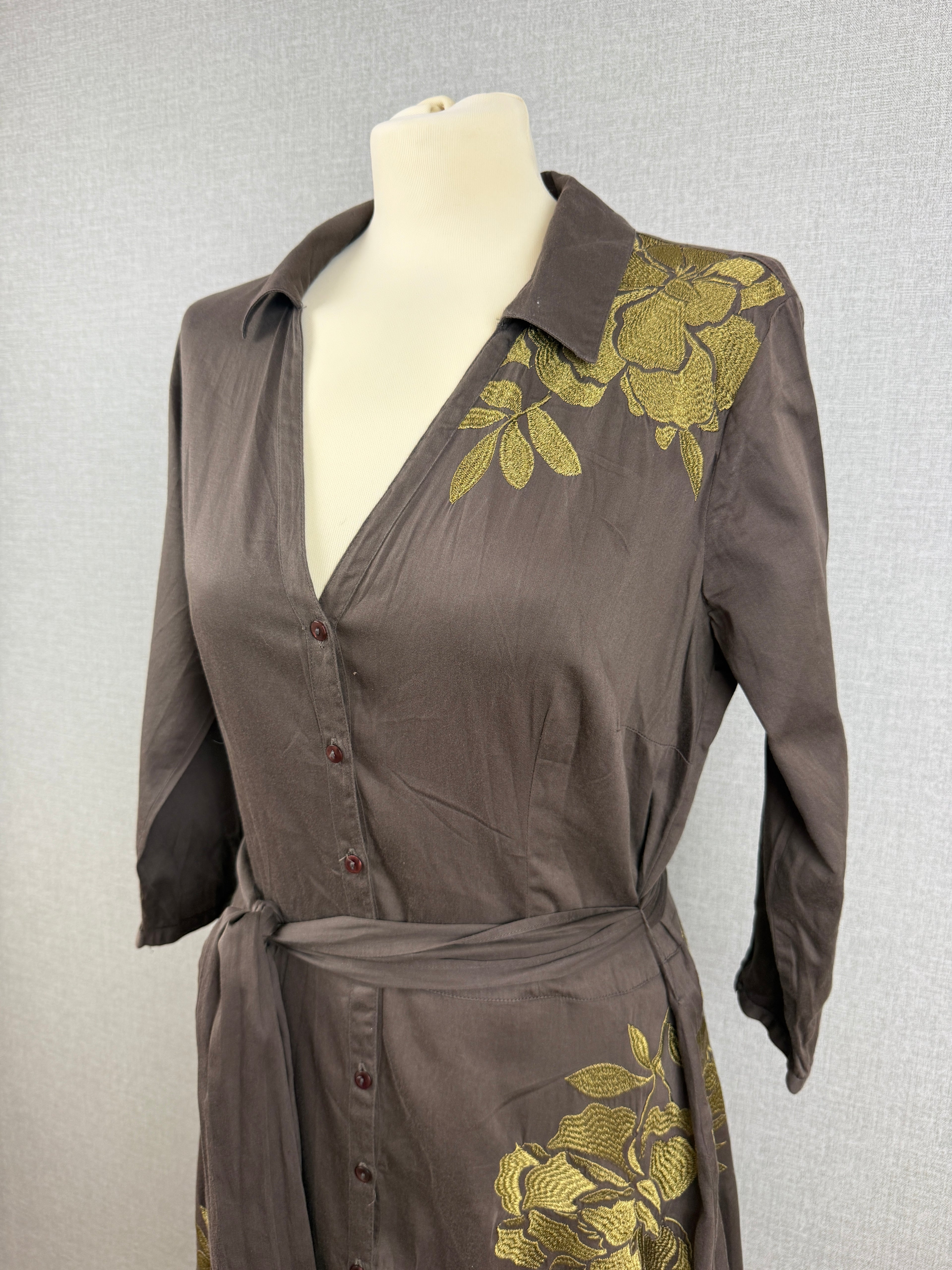 Monsoon Brown Embroidered Floral Cotton Shirt Midi Dress Tie Belt UK 14 – Preloved
