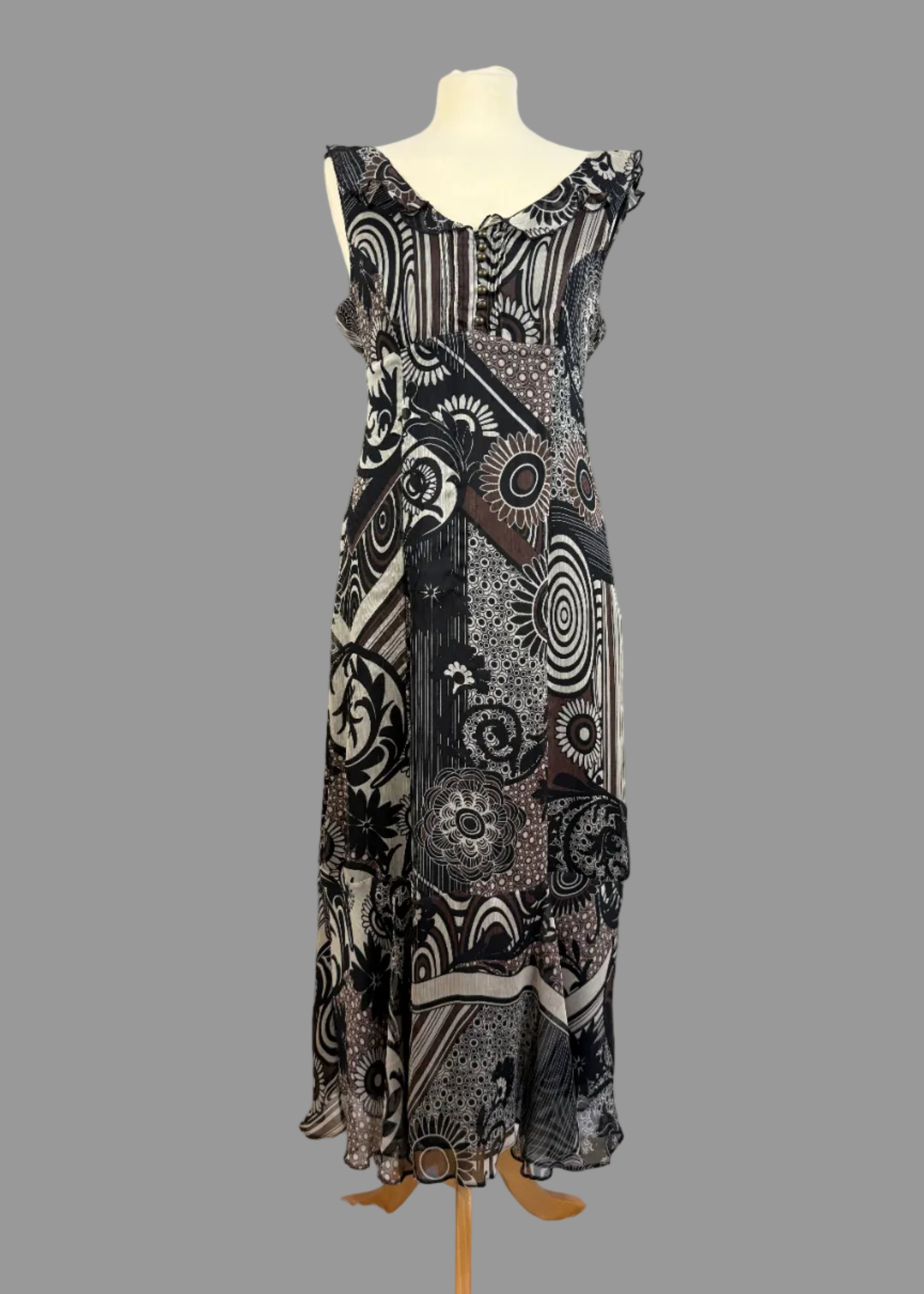 Planet Abstract Floral Chiffon Midi Dress UK14 Brown Black