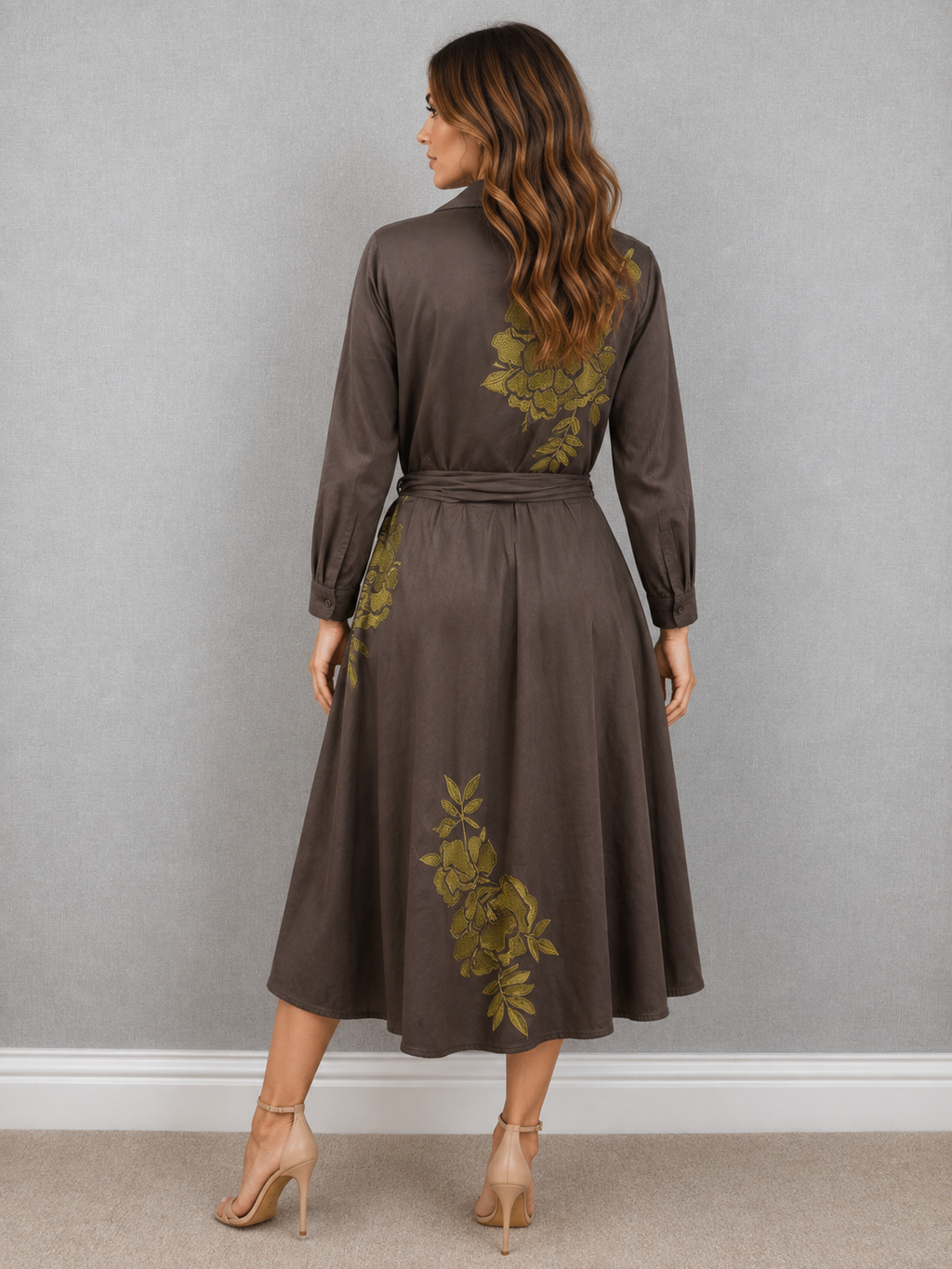 Monsoon Brown Embroidered Floral Cotton Shirt Midi Dress Tie Belt UK 14 – Preloved