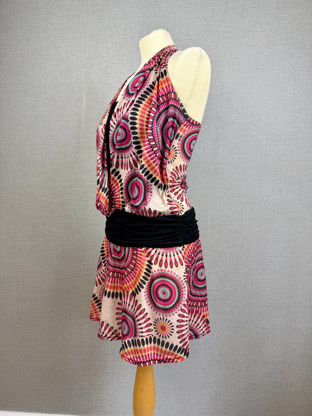 Canela Pink Geometric Halterneck Mini Dress Boho Festival Style Size S