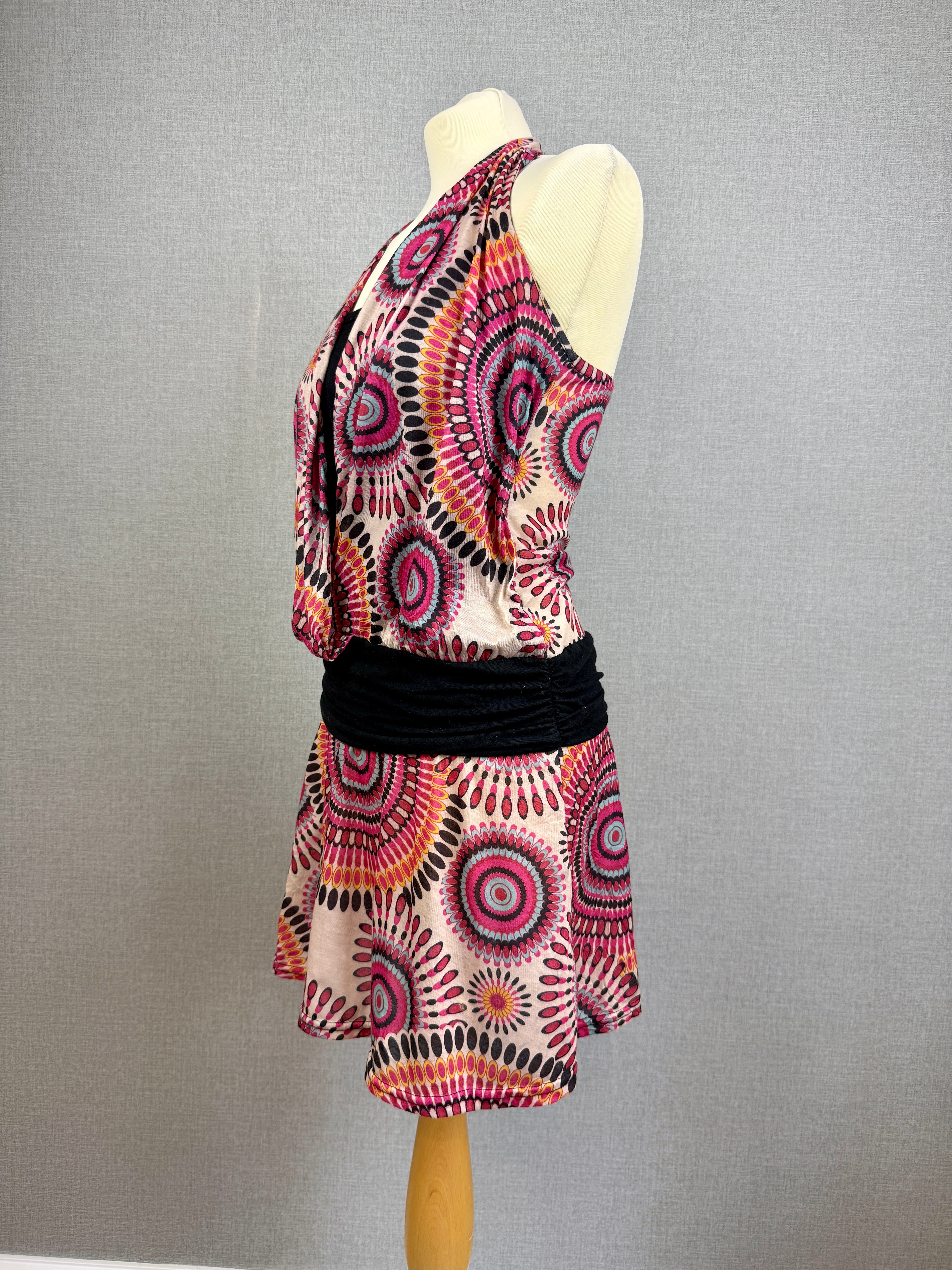 Canela Pink Geometric Halterneck Mini Dress Boho Festival Style Size S