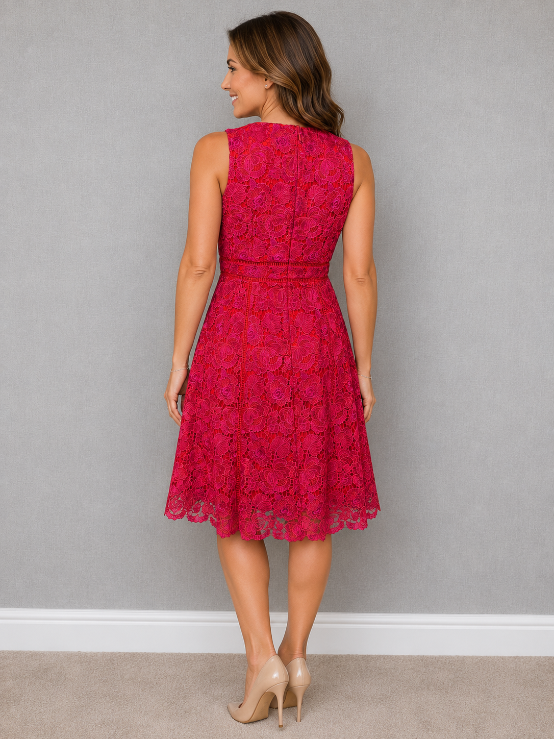 Monsoon Coral Pink Floral Lace Occasion Dress Size 14 - Preloved
