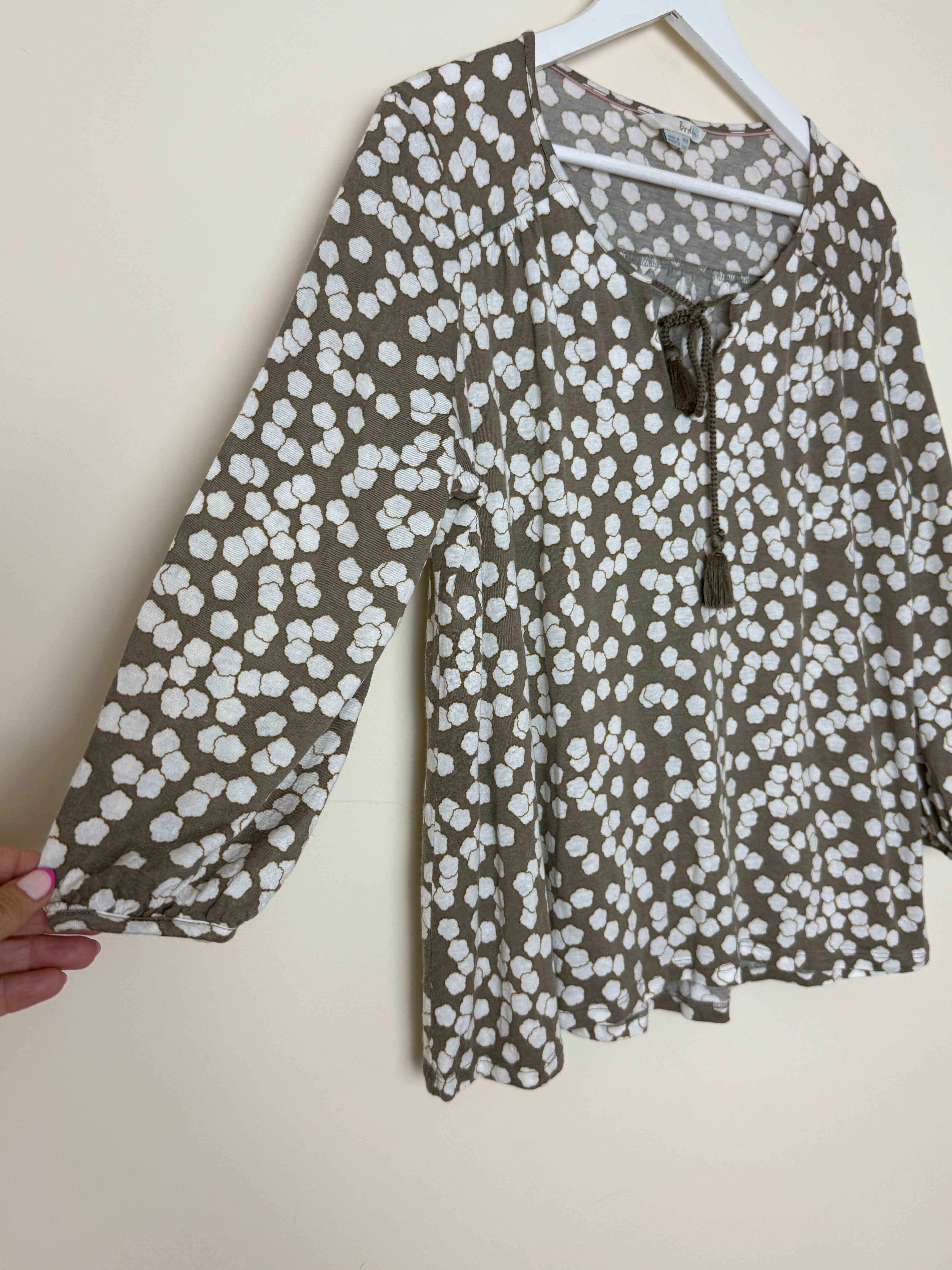 Boden Beige White Spot Print Tassel Tie Top UK 16