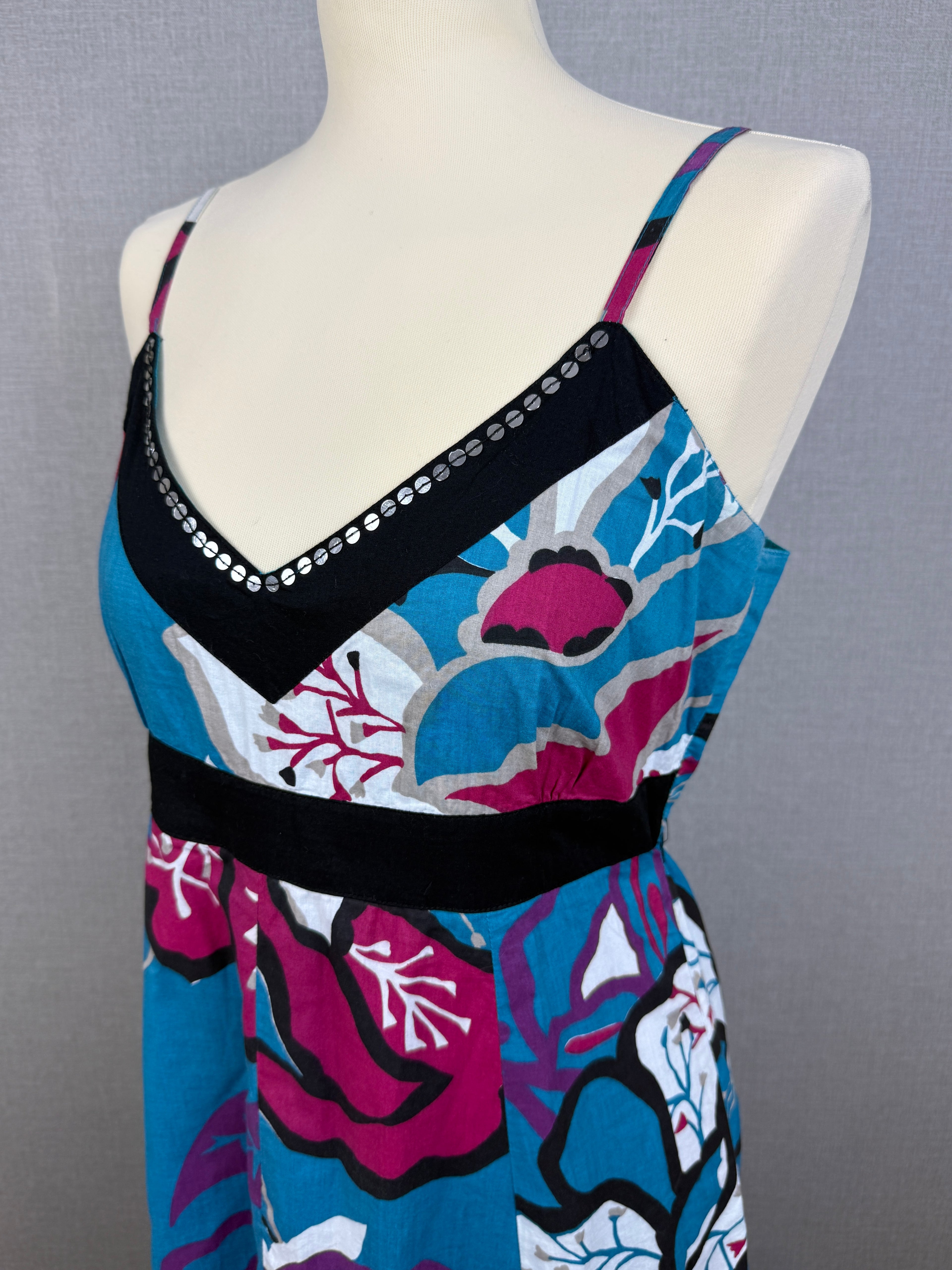 Blue Pink Floral Cotton Maxi Dress UK 12-14 Adjustable Strap Summer Dress