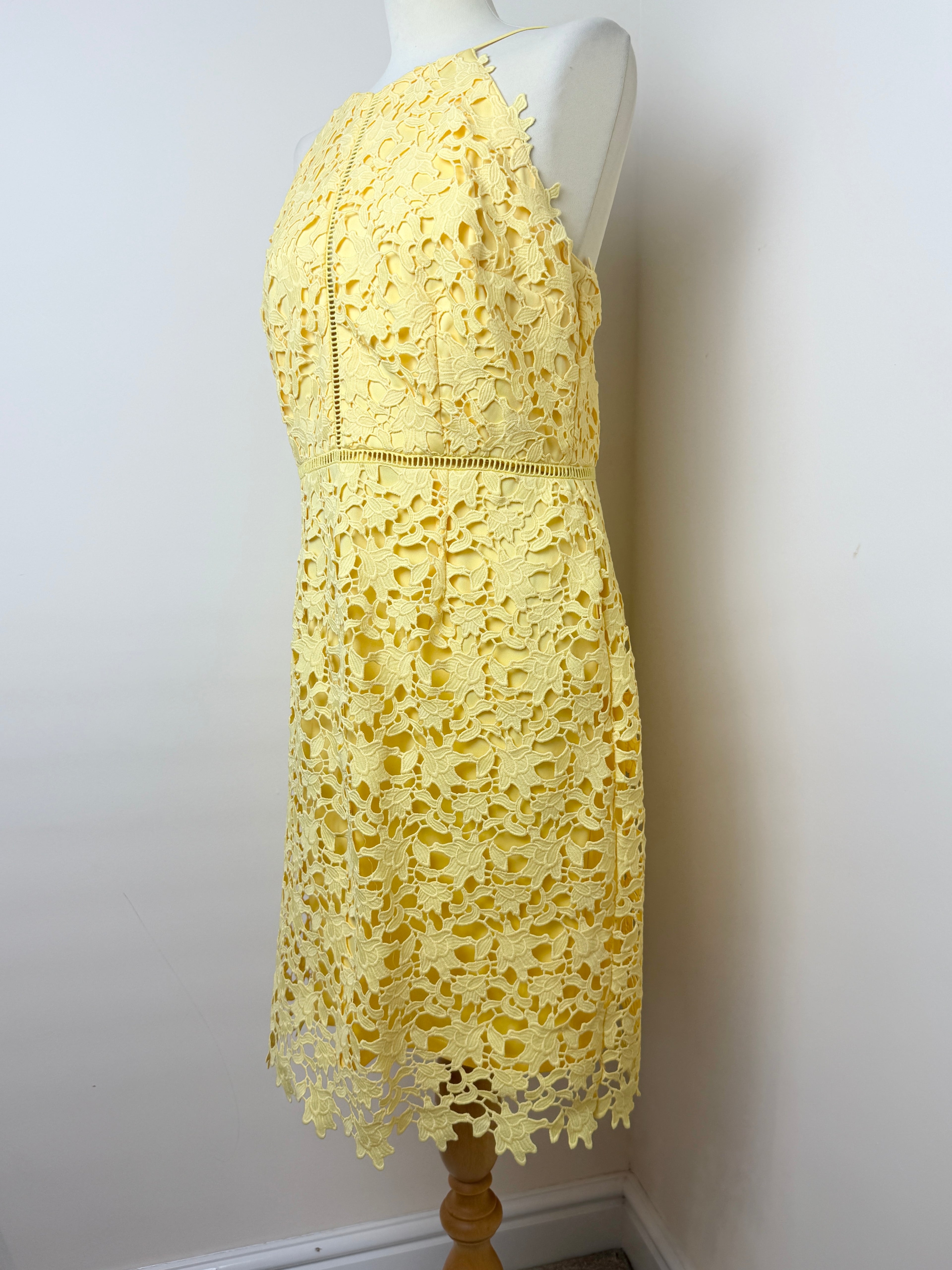 FWM Fenn Wright Manson Yellow Lace Midi Dress UK14 Floral Occasion Dress