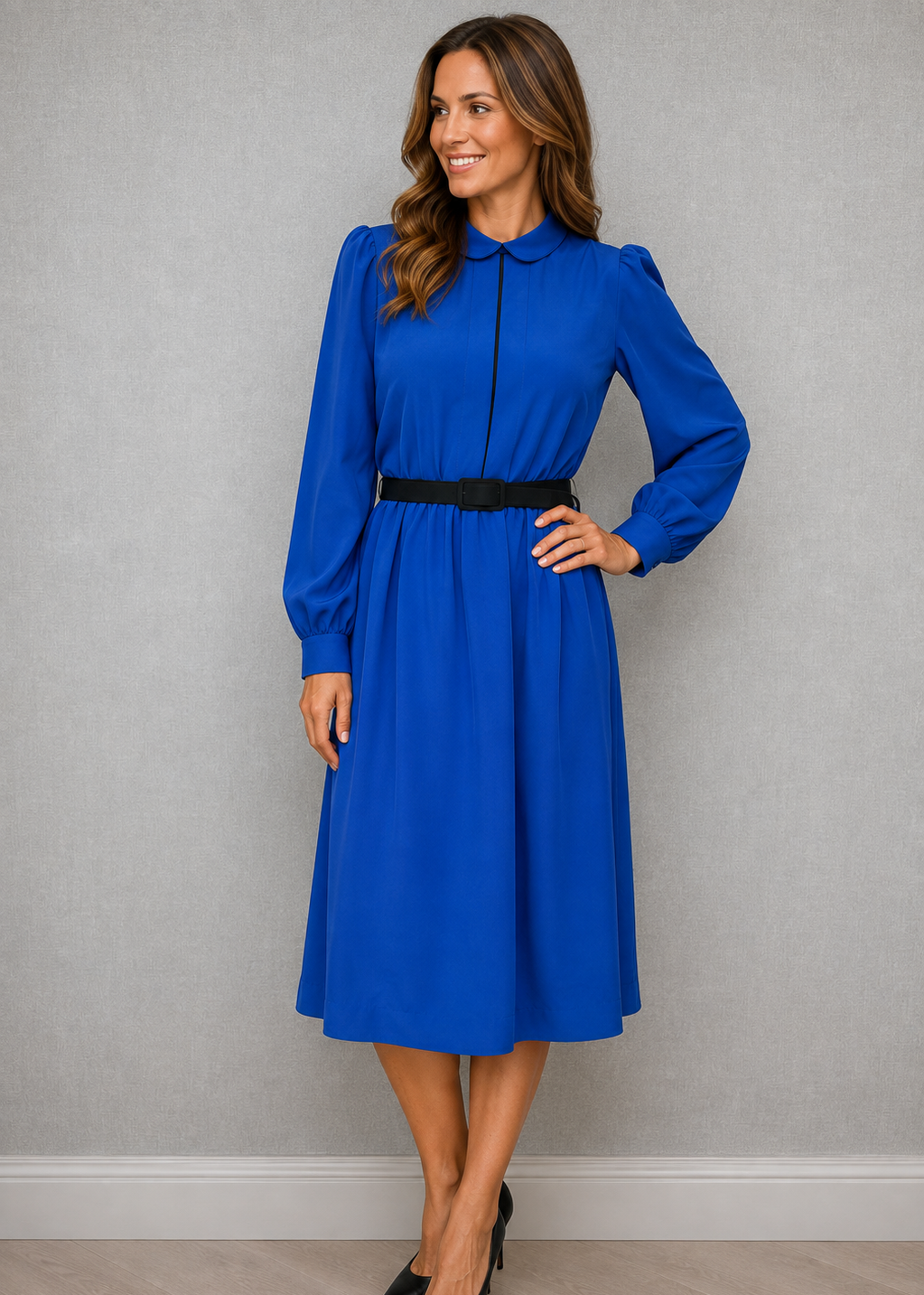 Kerena Royal Blue Belted Midi Dress UK 12 - Vintage