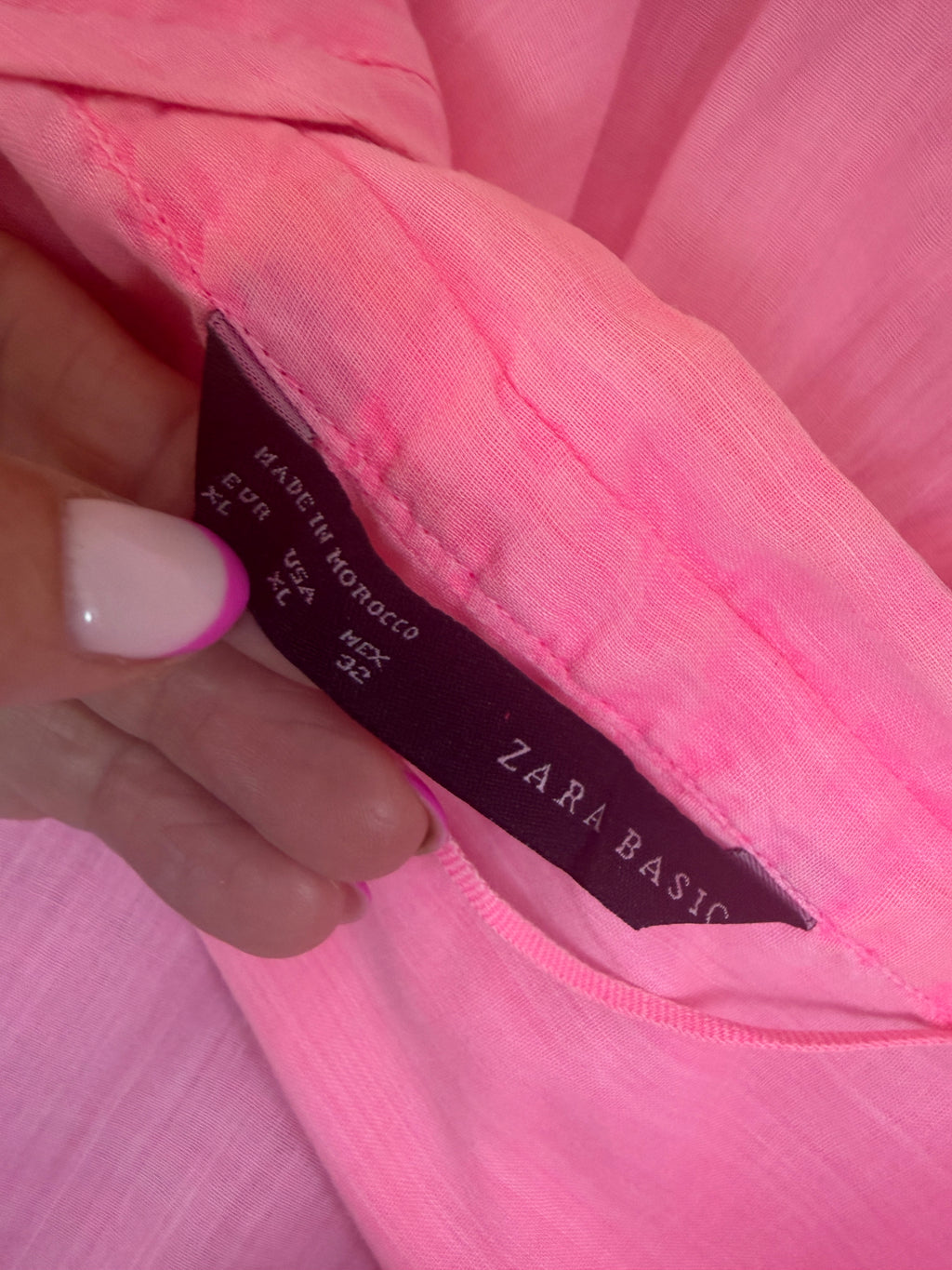 Zara Basic Neon Pink Sheer Cotton Ramie V Neck Blouse XL