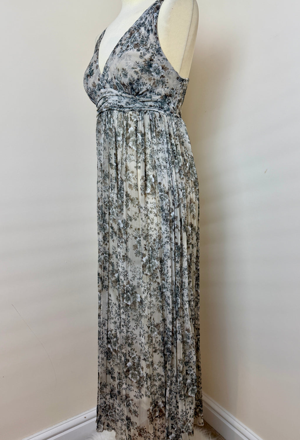 Guido Lombardi Grey Blue Floral Pleated Maxi Dress UK10 Made In Italy Boho