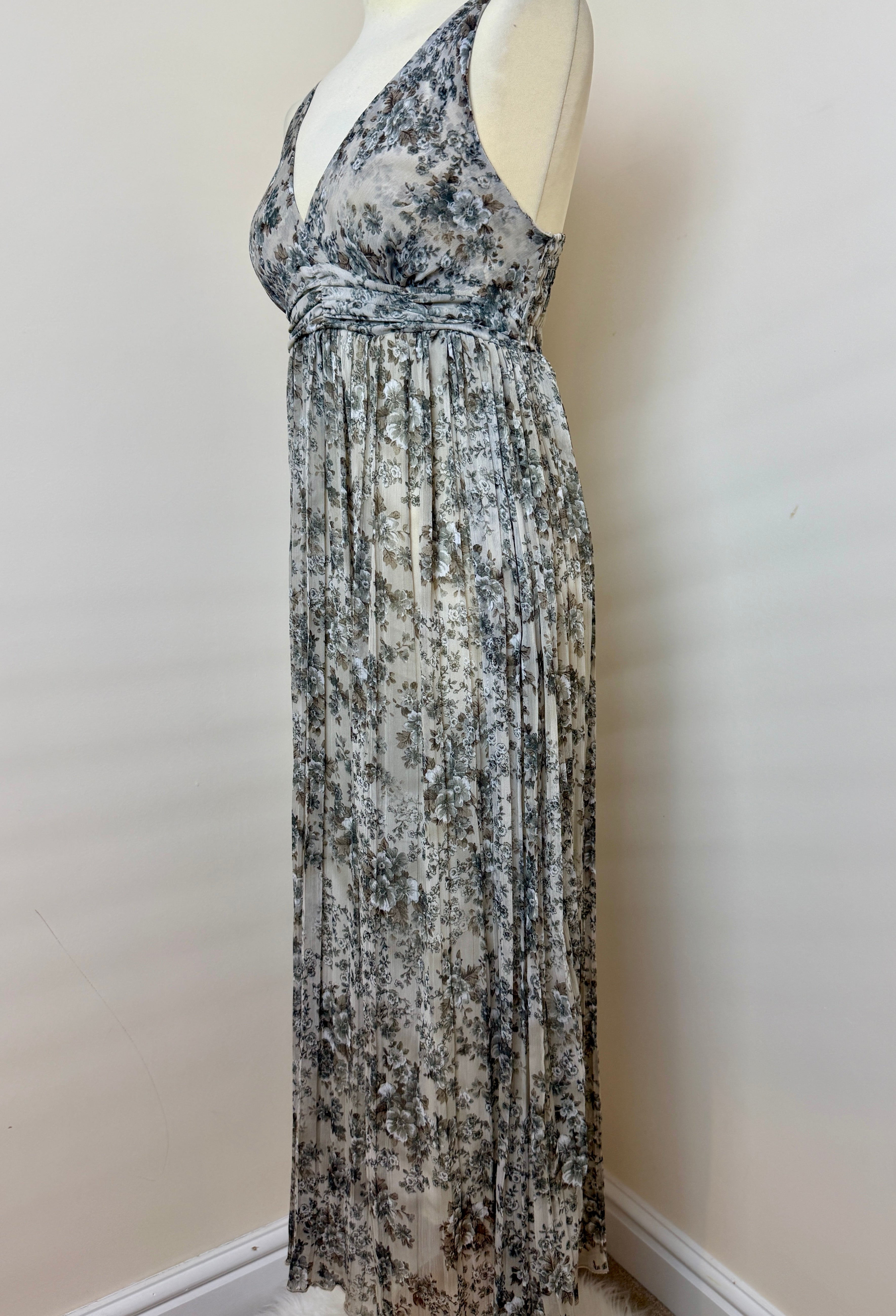 Guido Lombardi Grey Blue Floral Pleated Maxi Dress UK10 Made In Italy Boho