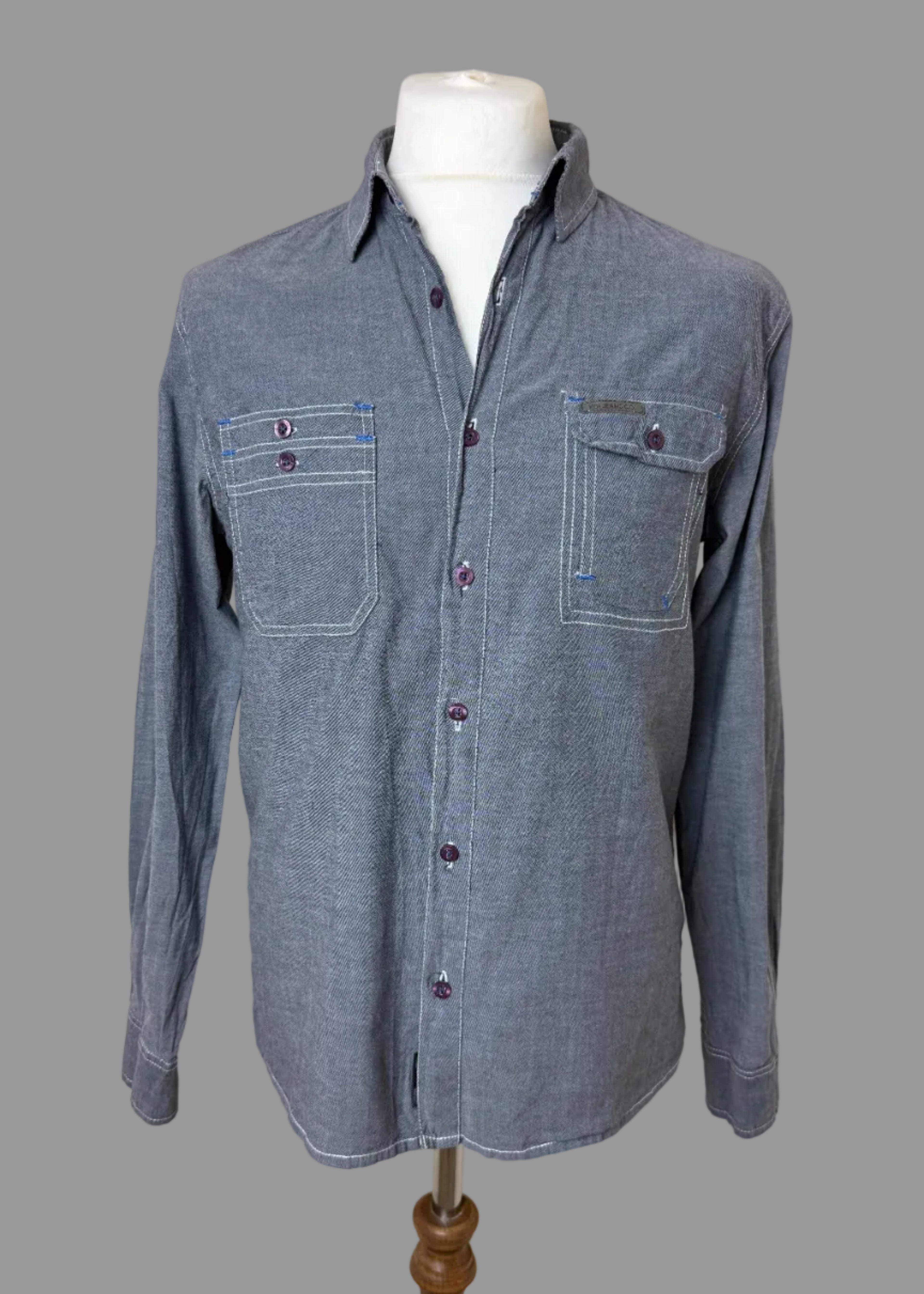 VOI Jeans Grey Chambray Utility Shirt Mens Large