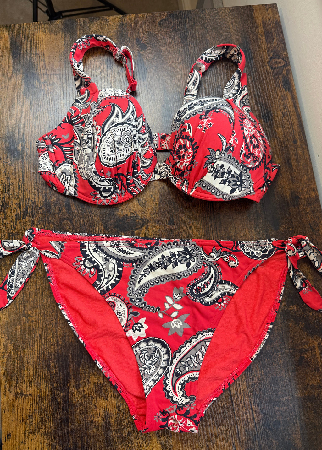 M&S Red Paisley Underwired Bikini Set 36E Top UK 16 Tie Side Swimwear