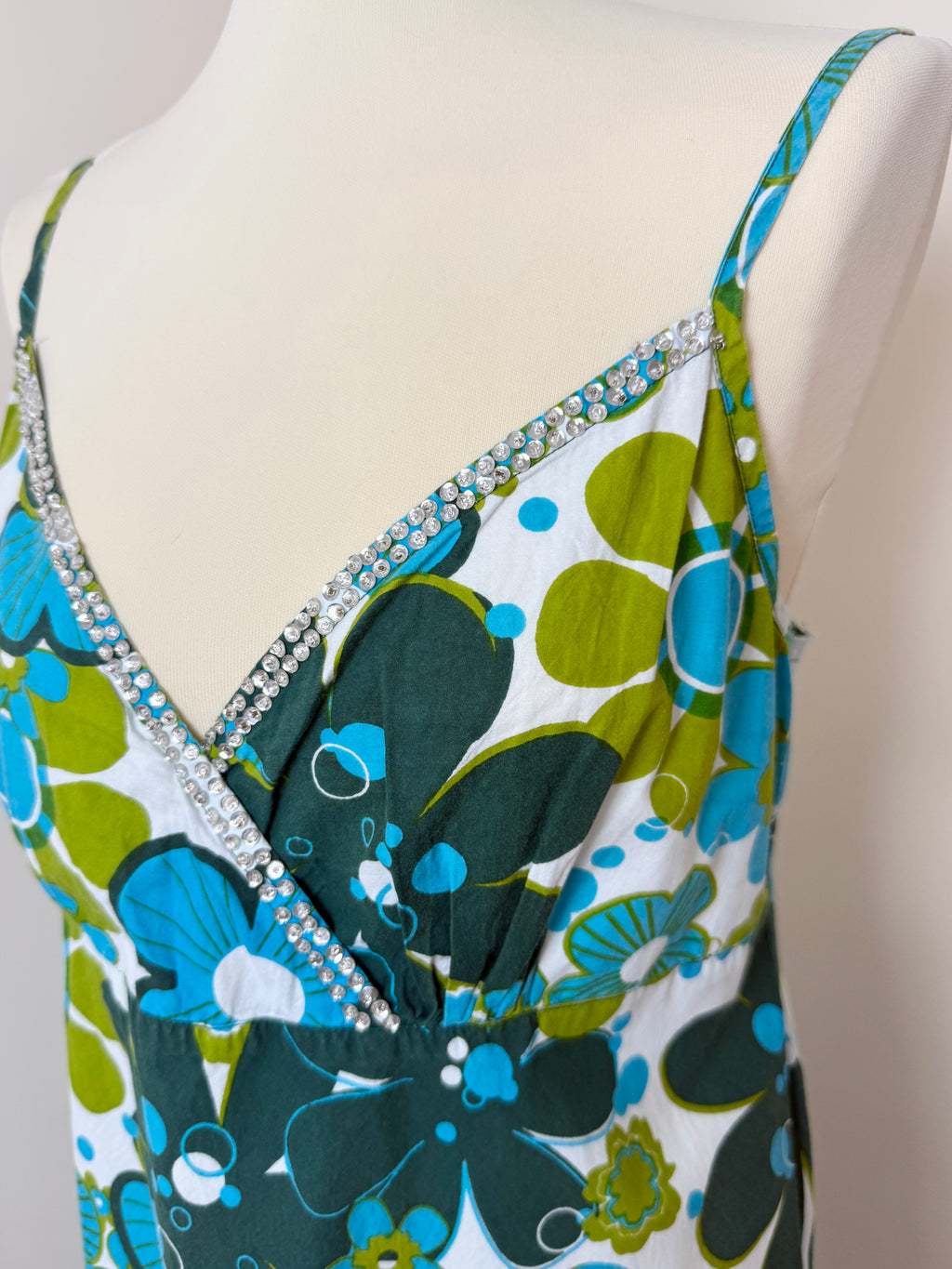 Retro Blue Green Floral Cotton Midi Dress UK14 Diamante Trim Summer Dress