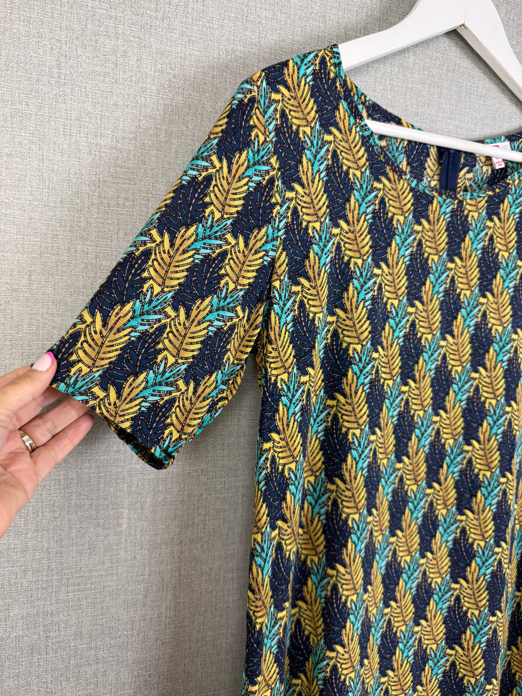 SES Fashion Leaf Print Viscose Shift Dress UK 10 Navy Mustard Turquoise
