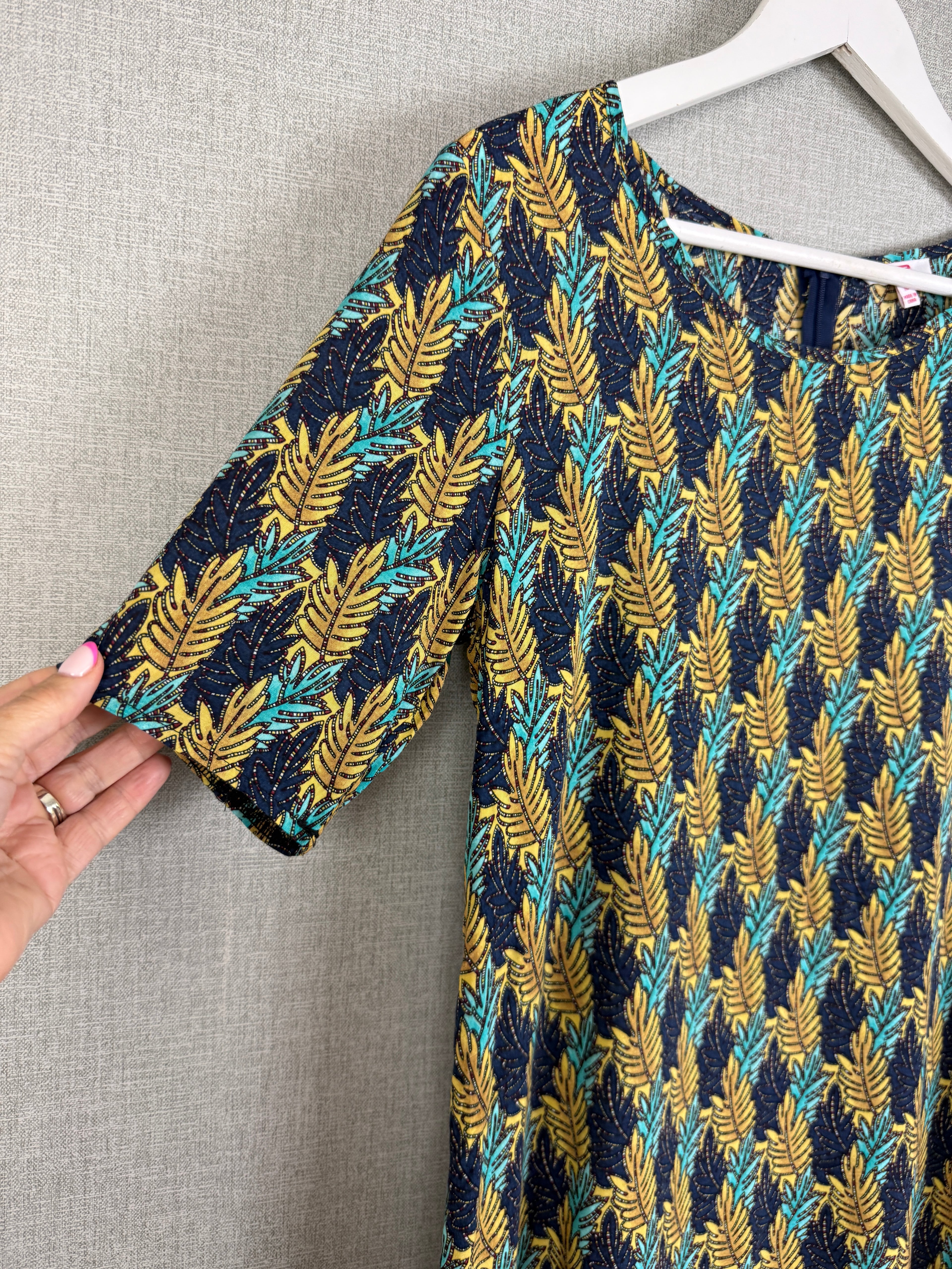 SES Fashion Leaf Print Viscose Shift Dress UK 10 Navy Mustard Turquoise