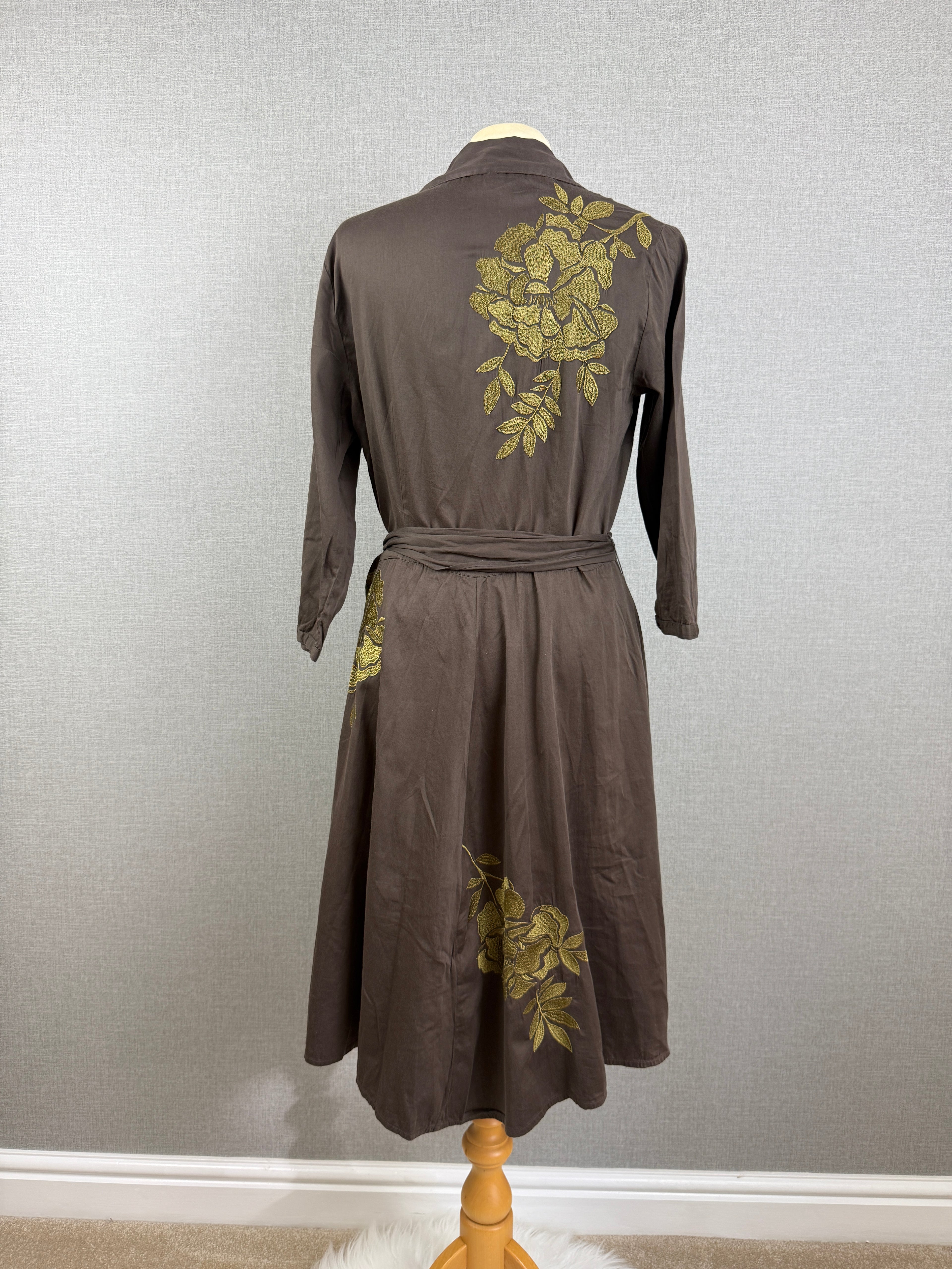 Monsoon Brown Embroidered Floral Cotton Shirt Midi Dress Tie Belt UK 14 – Preloved