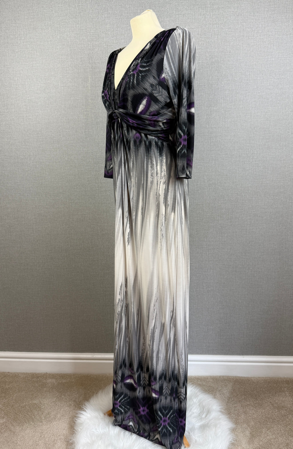 Linea Grey Purple Abstract Knot Front Maxi Dress UK 18 - Preloved