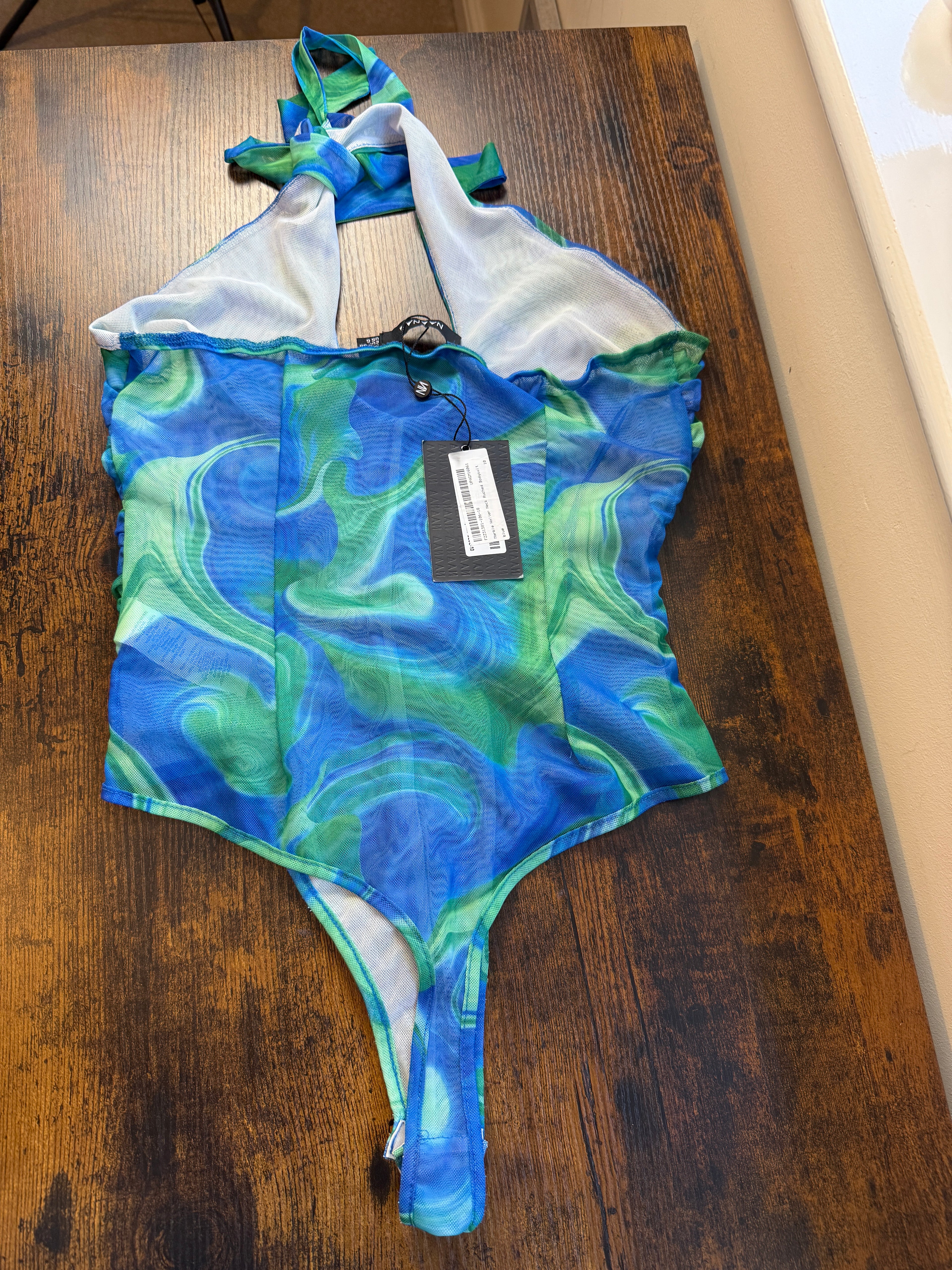 NAANAA Blue Green Marble Print Halterneck Ruched Sheer Mesh Bodysuit UK 10
