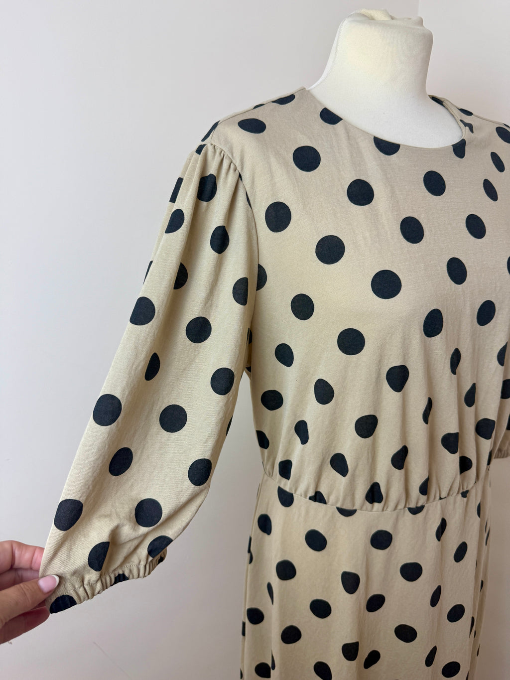 Next SP Beige Black Polka Dot Maxi Dress UK12 Puff Sleeve Dress