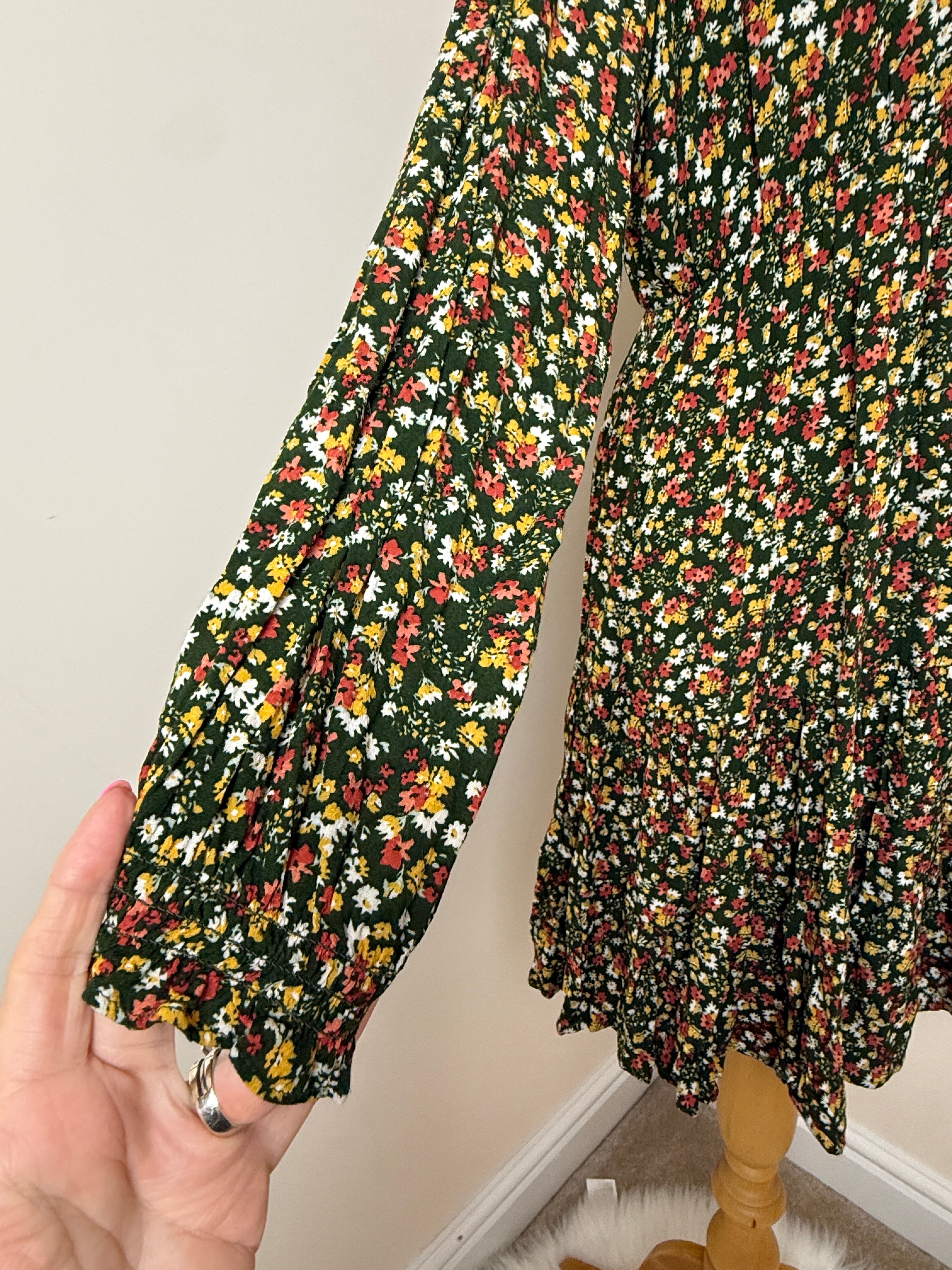 Apricot Green Ditsy Floral Smock Dress UK16 Long Sleeve Boho