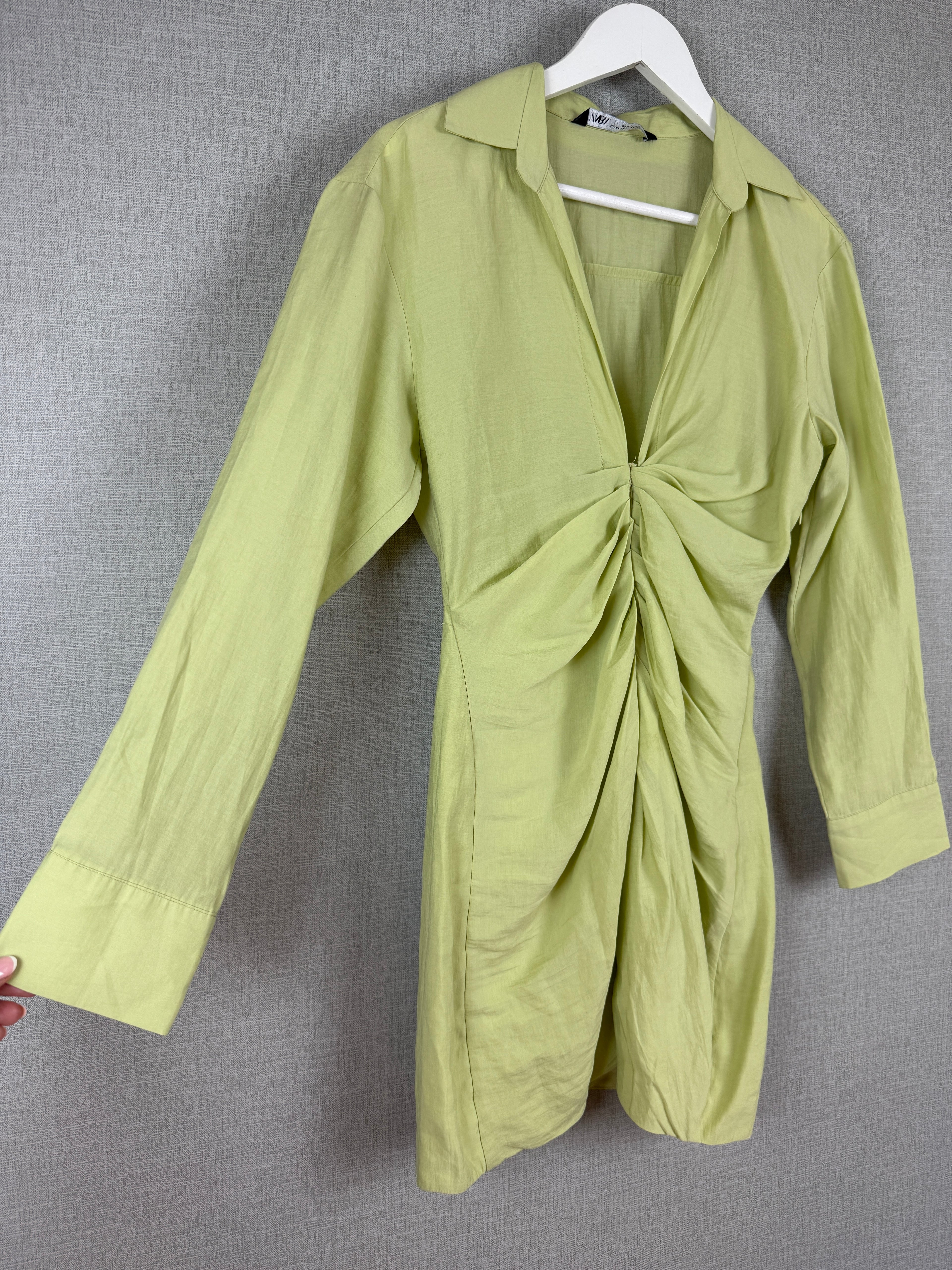 Zara Lime Green Ruched Shirt Mini Dress UK 6 XS - Pre-Loved