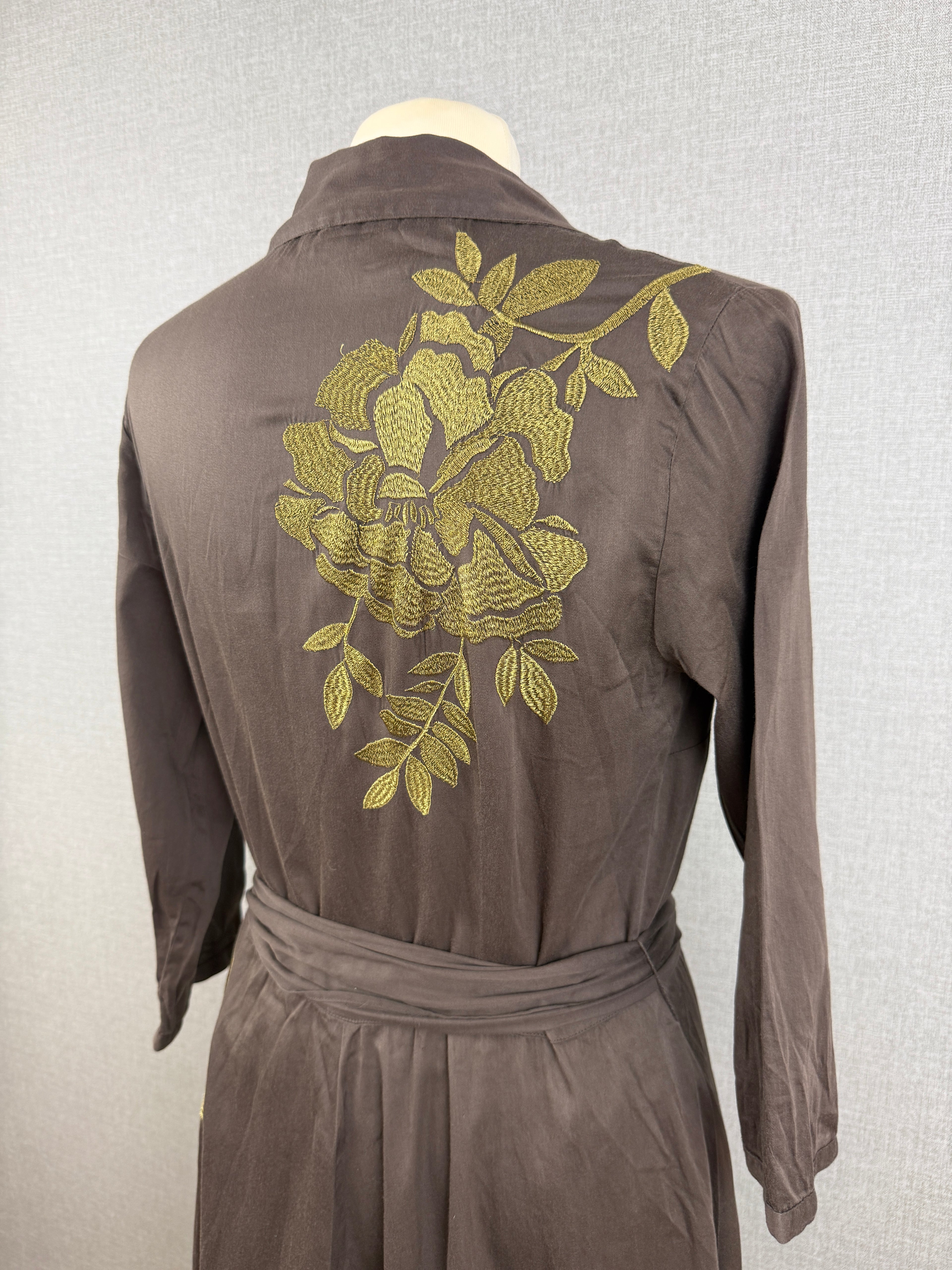 Monsoon Brown Embroidered Floral Cotton Shirt Midi Dress Tie Belt UK 14 – Preloved