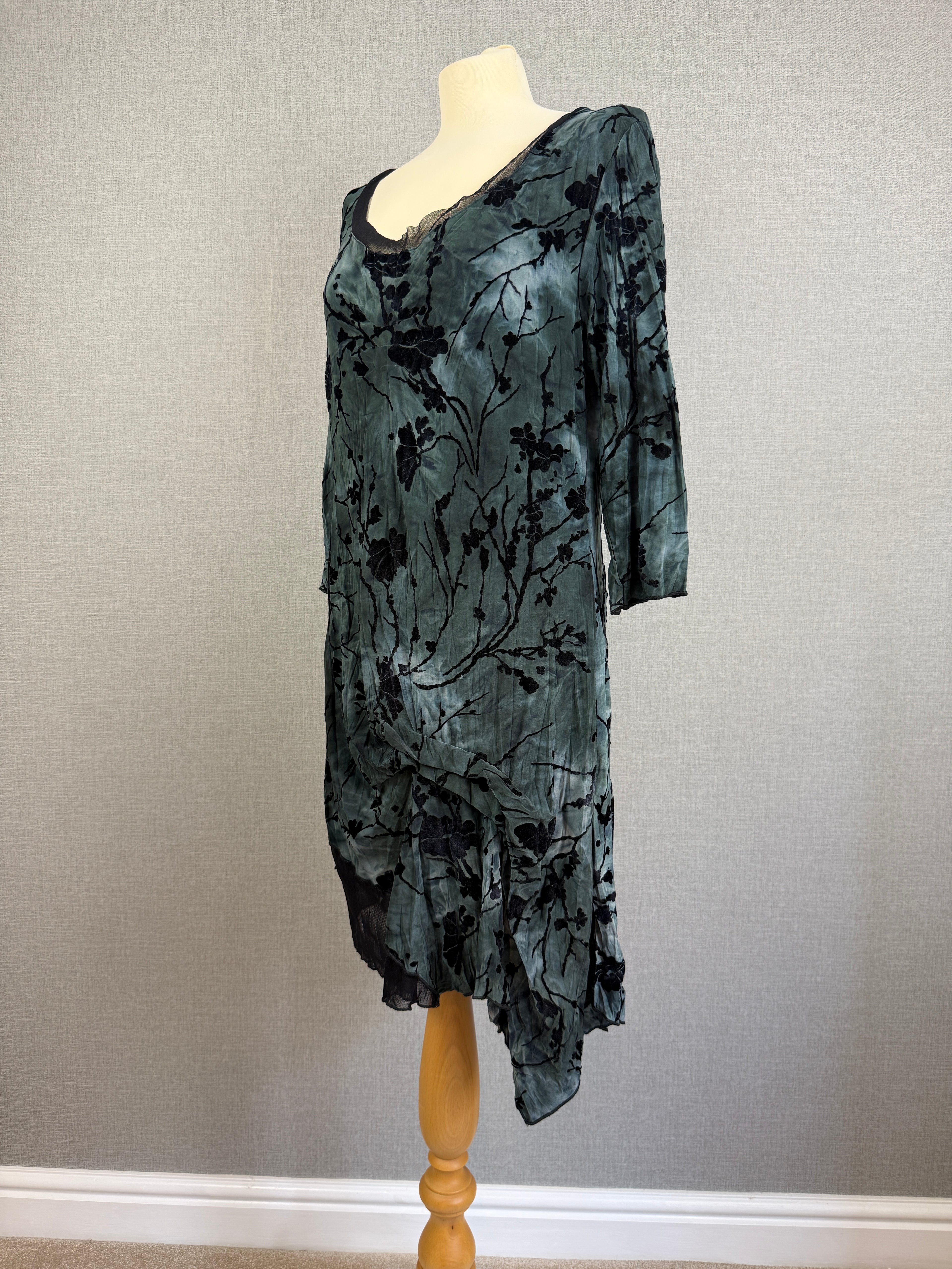 Apricot Grey Black Burnout Floral Hanky Hem Dress UK 14
