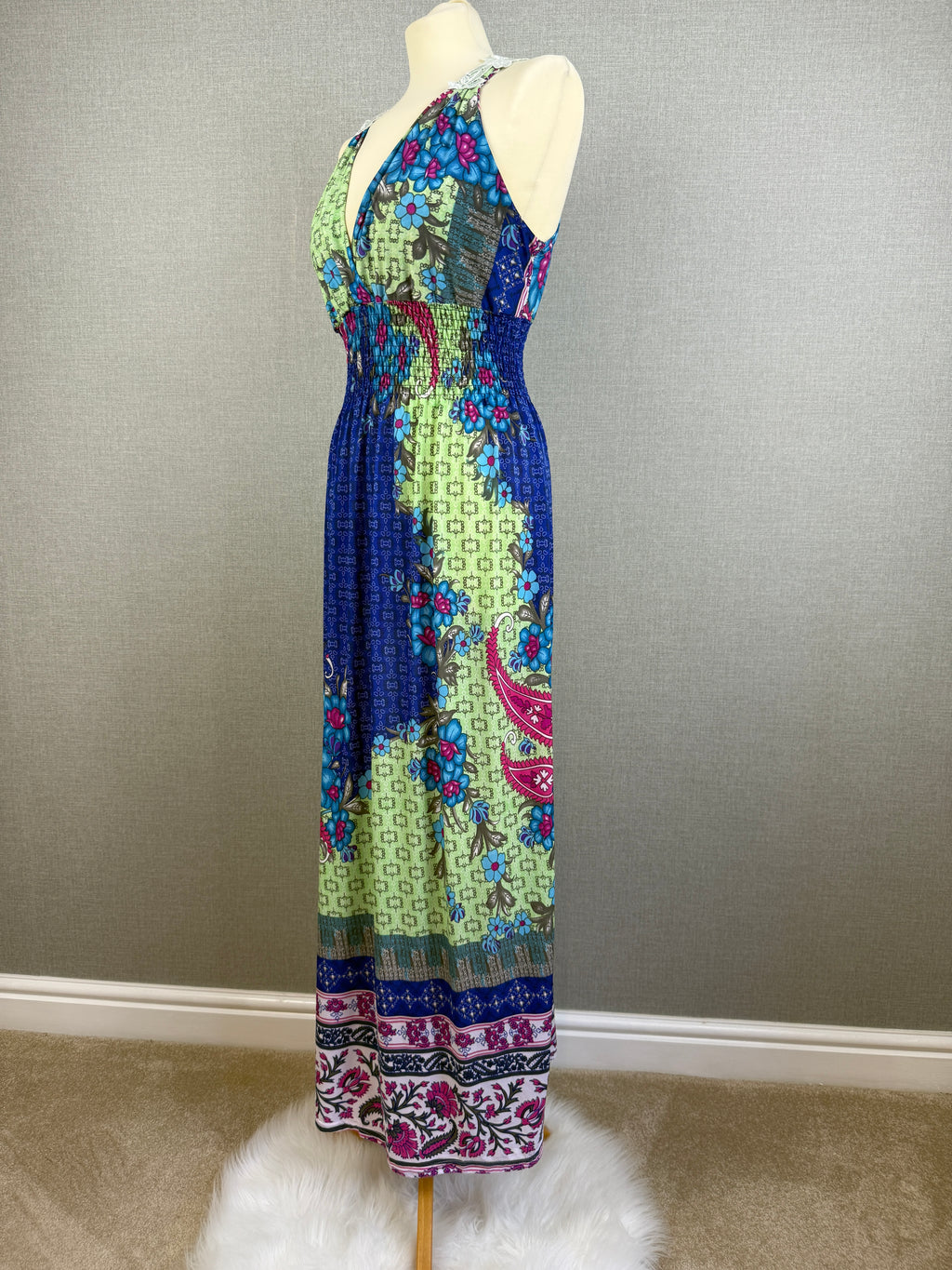 O.SHA Floral Paisley Crochet Back Maxi Dress Size M Blue Green