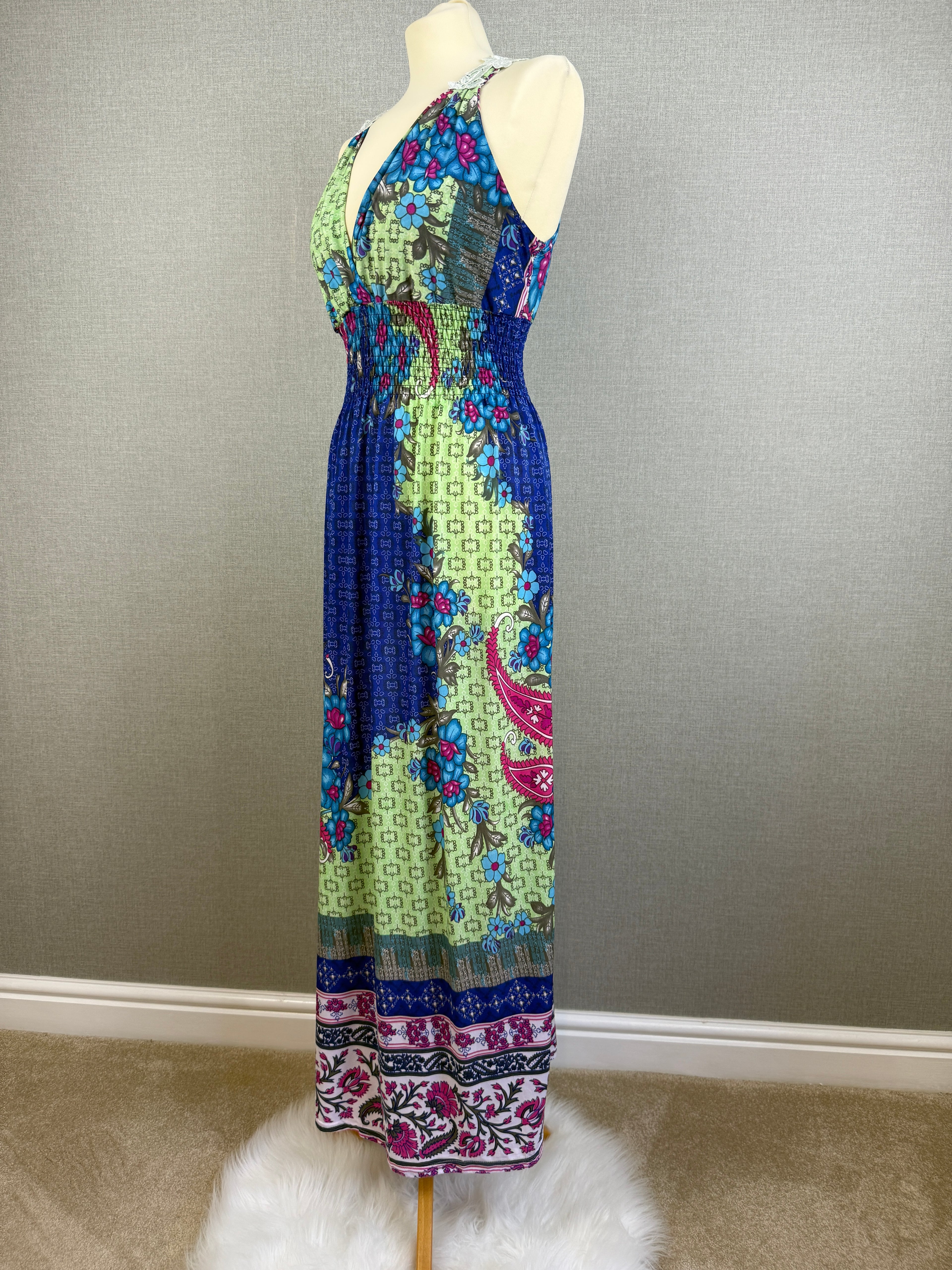 O.SHA Floral Paisley Crochet Back Maxi Dress Size M Blue Green