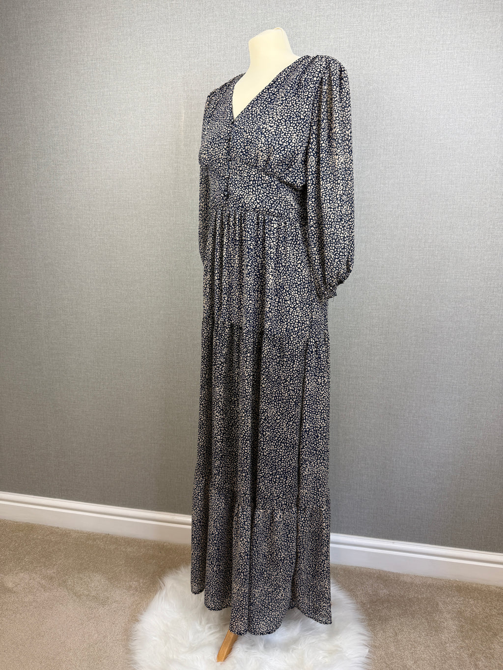 QED London Navy Cream Animal Print Tiered Maxi Dress UK 12