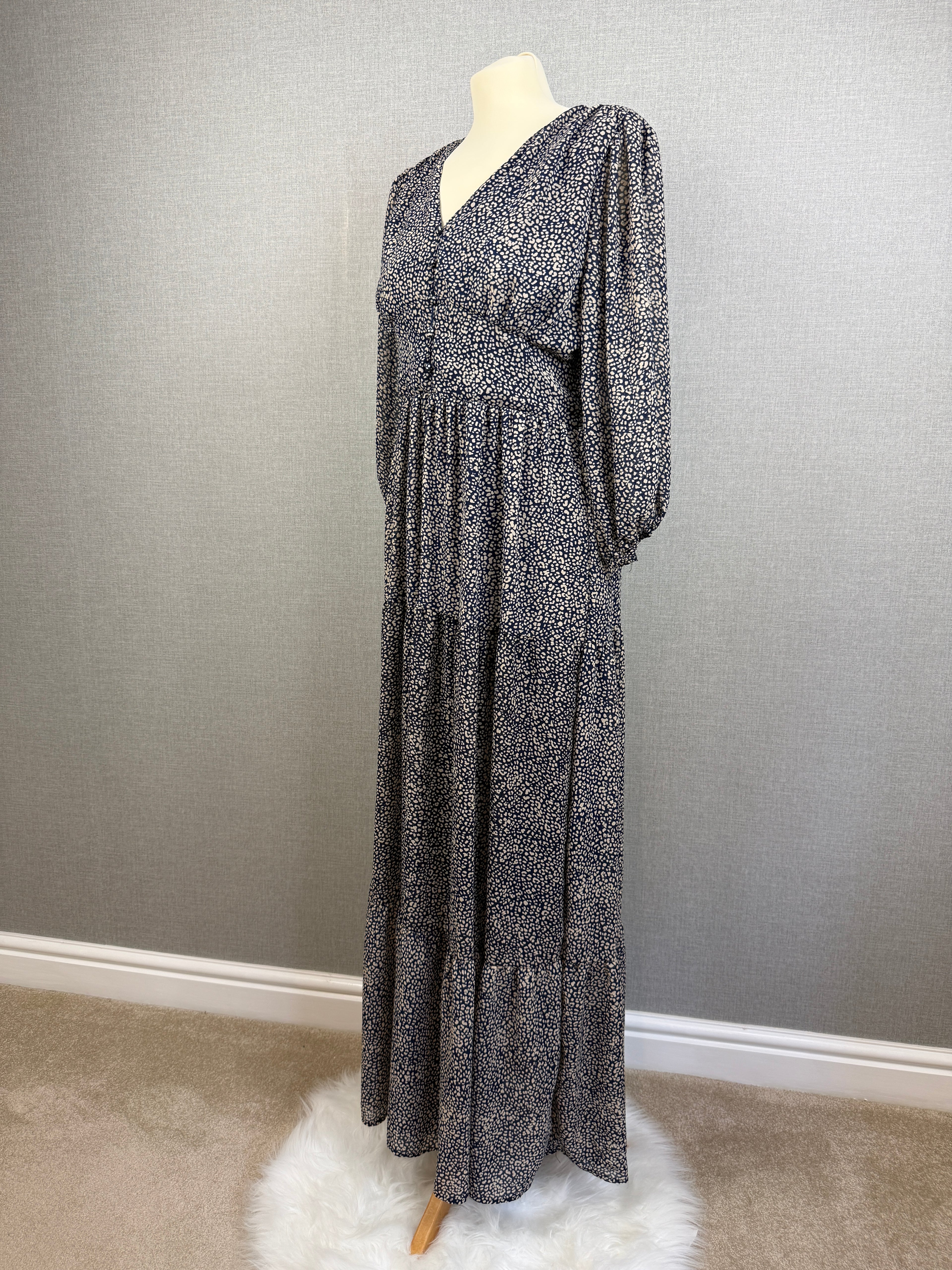 QED London Navy Cream Animal Print Tiered Maxi Dress UK 12
