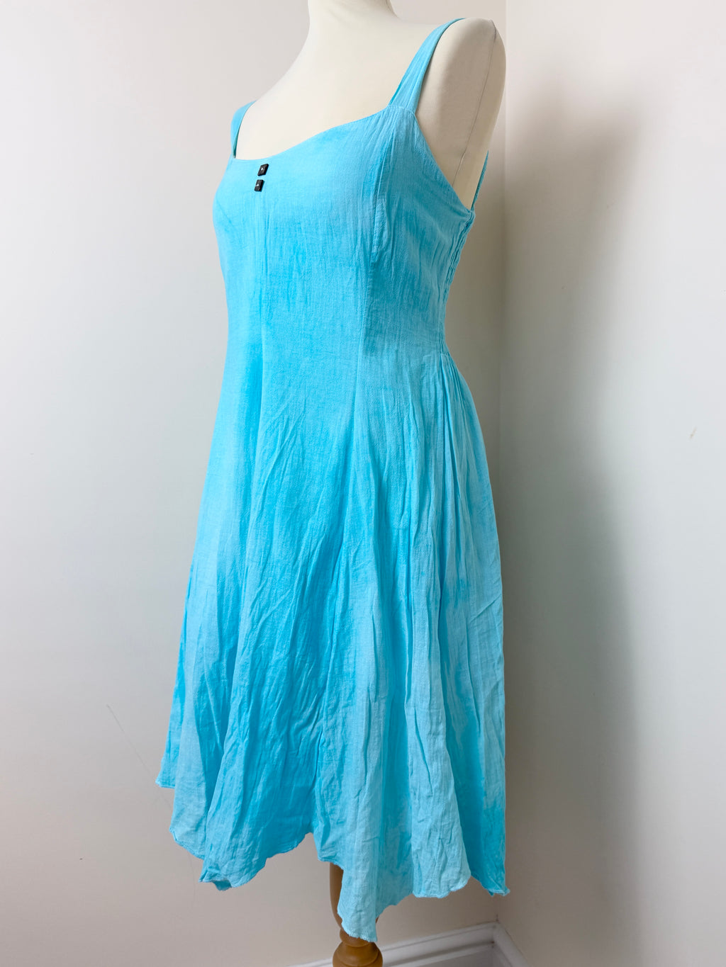 Blanc du Nil Blue Cotton Sundress UK8 Sleeveless Shirred Back Summer Dress