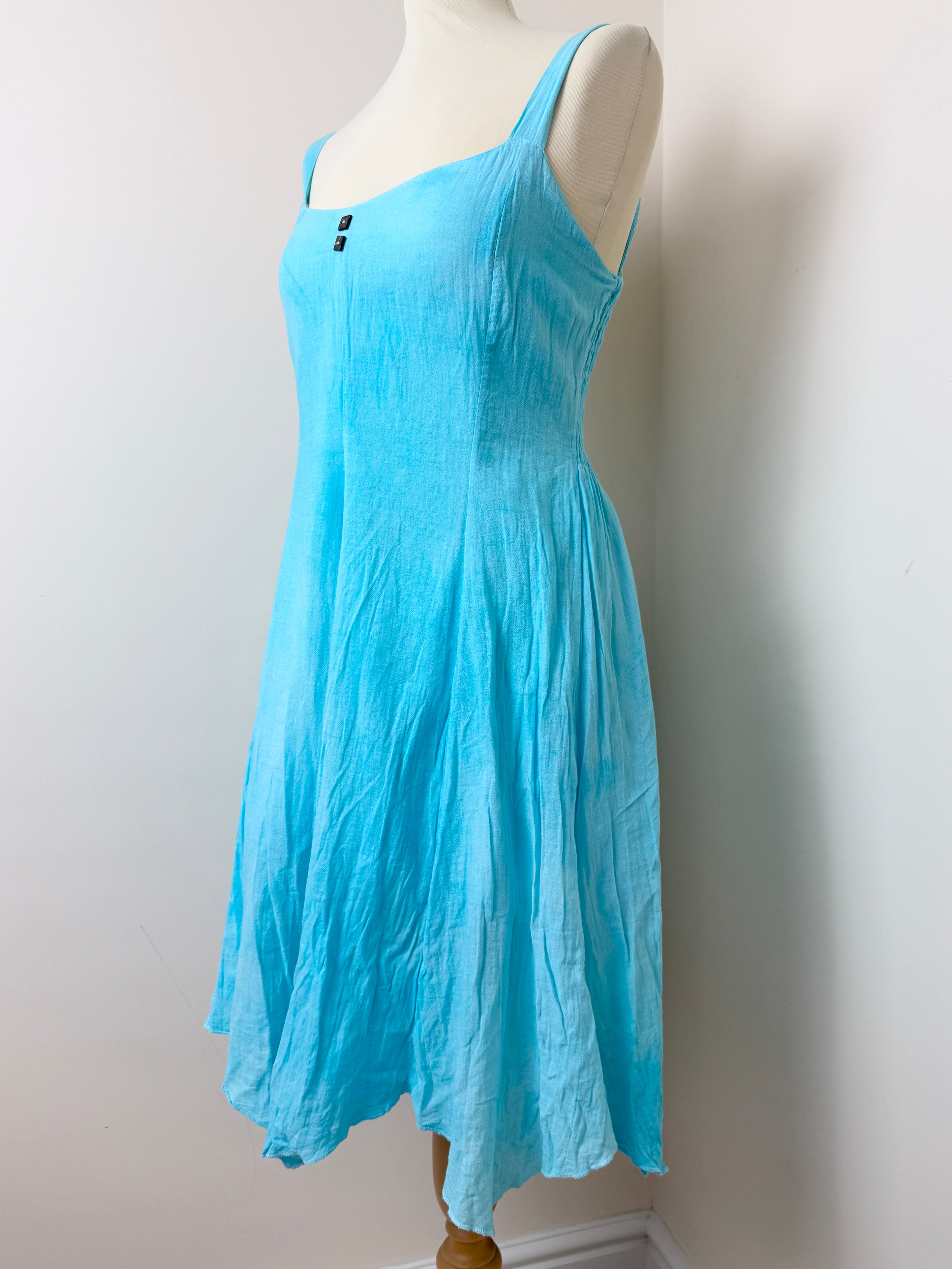 Blanc du Nil Blue Cotton Sundress UK8 Sleeveless Shirred Back Summer Dress