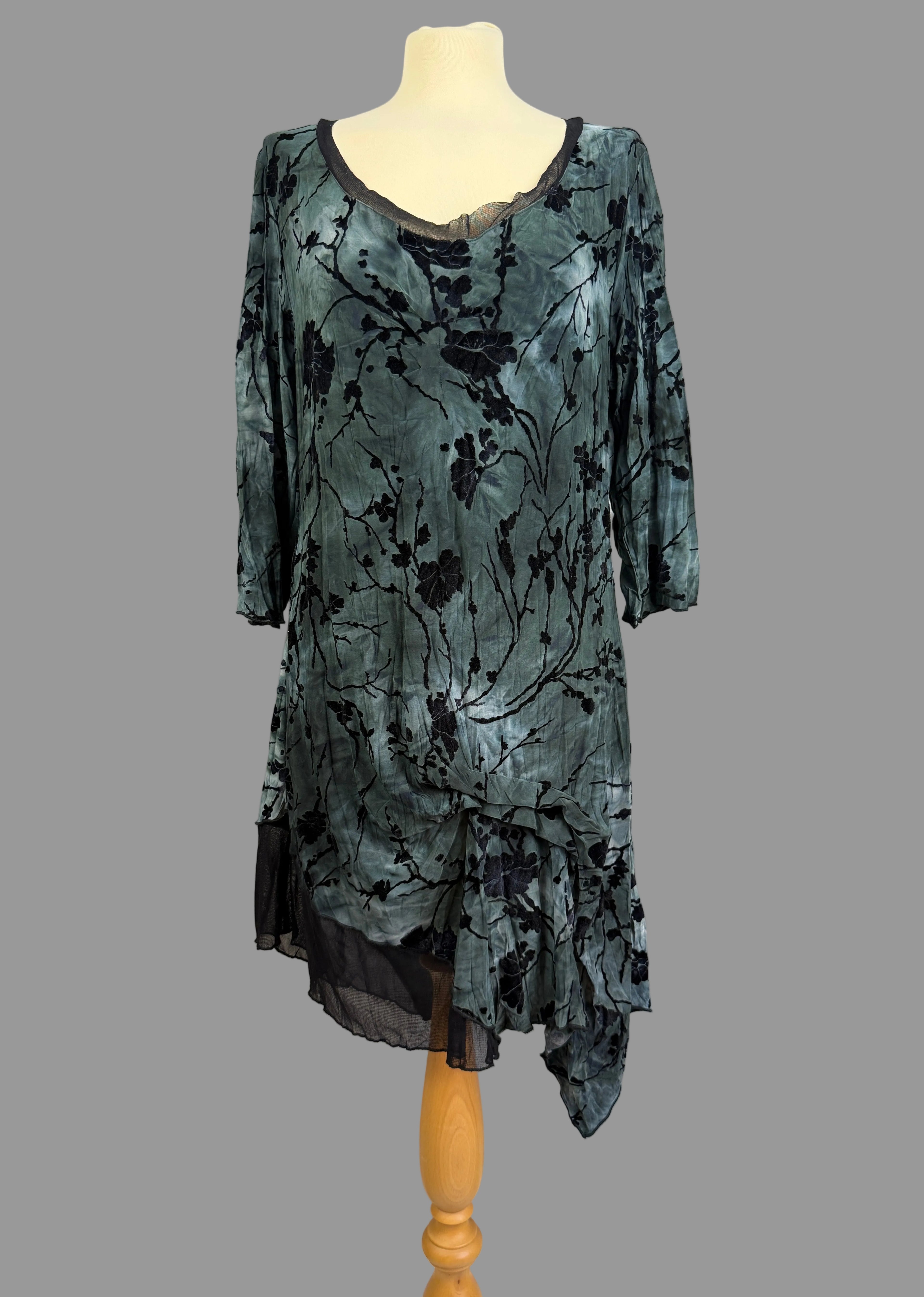 Apricot Grey Black Burnout Floral Hanky Hem Dress UK 14