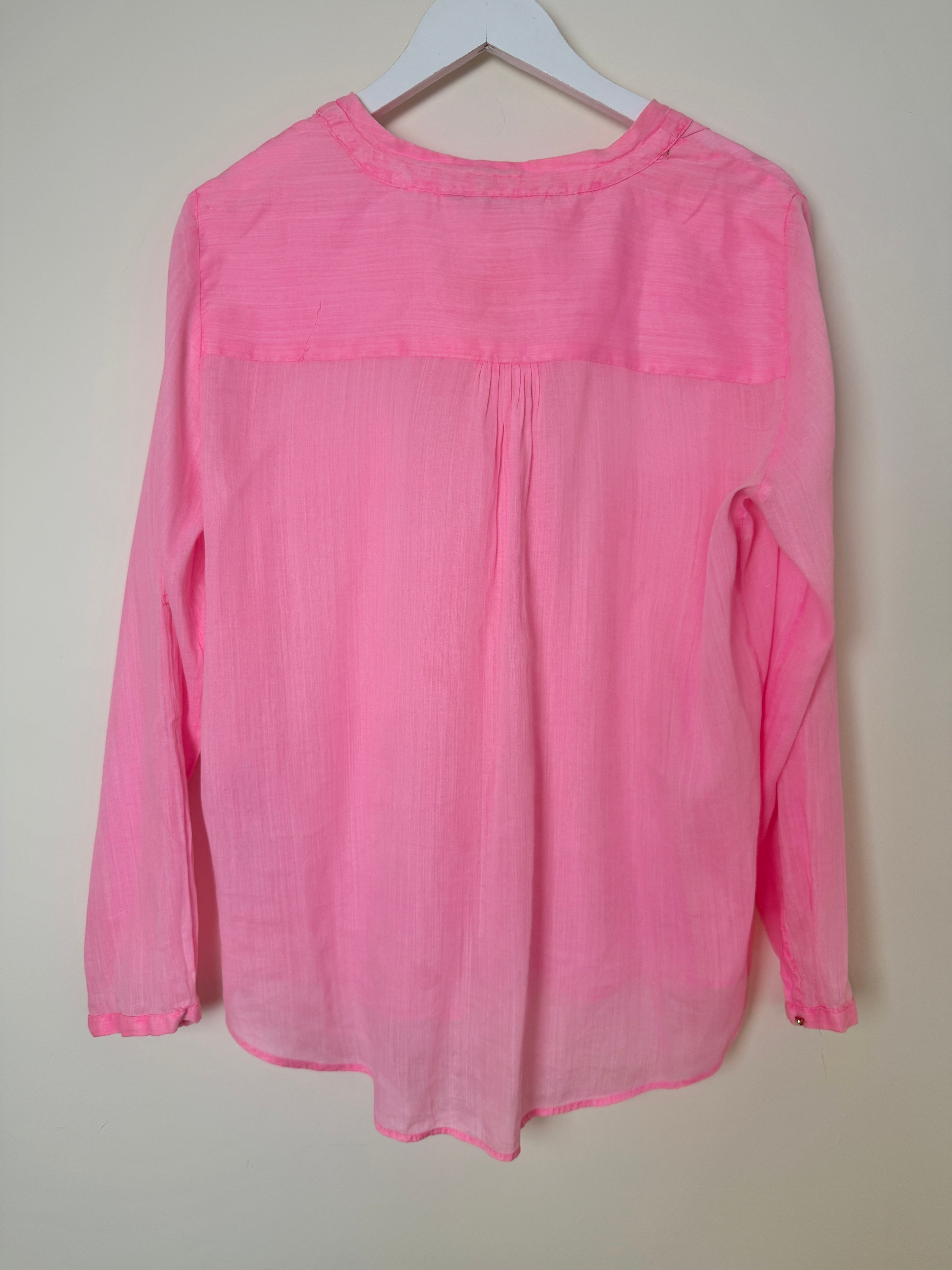 Zara Basic Neon Pink Sheer Cotton Ramie V Neck Blouse XL