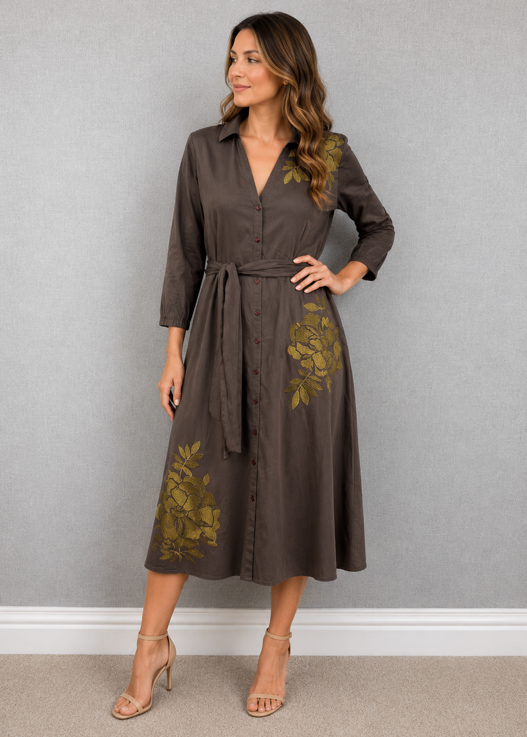 Monsoon Brown Embroidered Floral Cotton Shirt Midi Dress Tie Belt UK 14 – Preloved