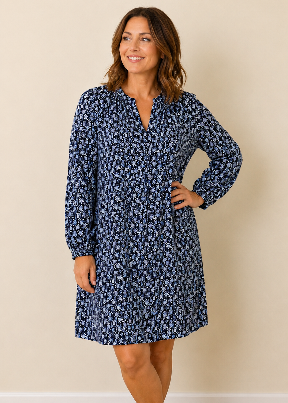 BURGS British Design Navy Floral Cotton Modal Tunic Dress UK 16 - Preloved