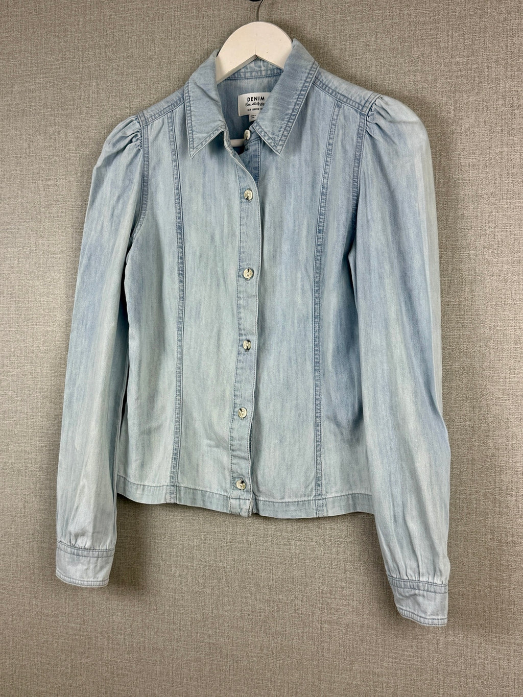 Miss Selfridge Denim Shirt Light Blue Puff Sleeve UK 8 - Pre-loved