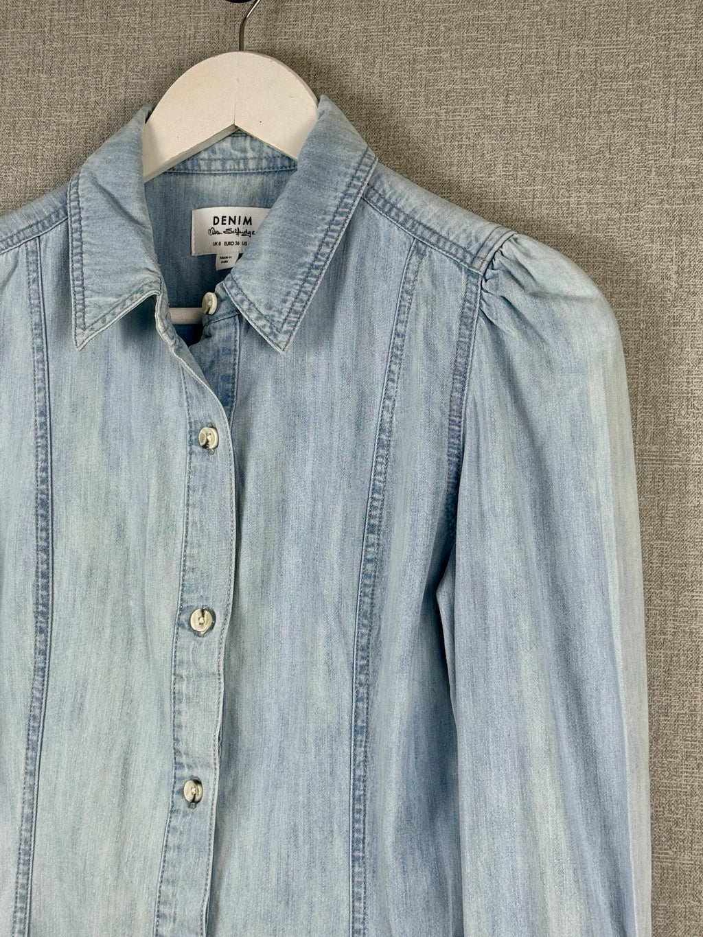 Miss Selfridge Denim Shirt Light Blue Puff Sleeve UK 8 - Pre-loved