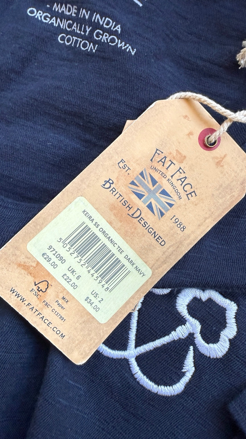 FatFace Kiera Organic Cotton Navy T Shirt UK 6 BNWT - BNWT